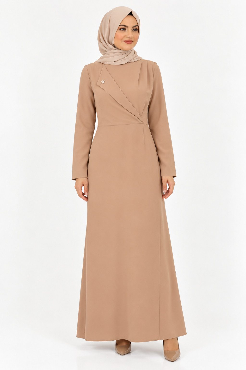 fashionshowcase Maxikleid Damen Kleid Wickeloptik A-Linie Krepp Langarm elegant tailliert elegante Wickeloptik, dezentes Schmuckdetail