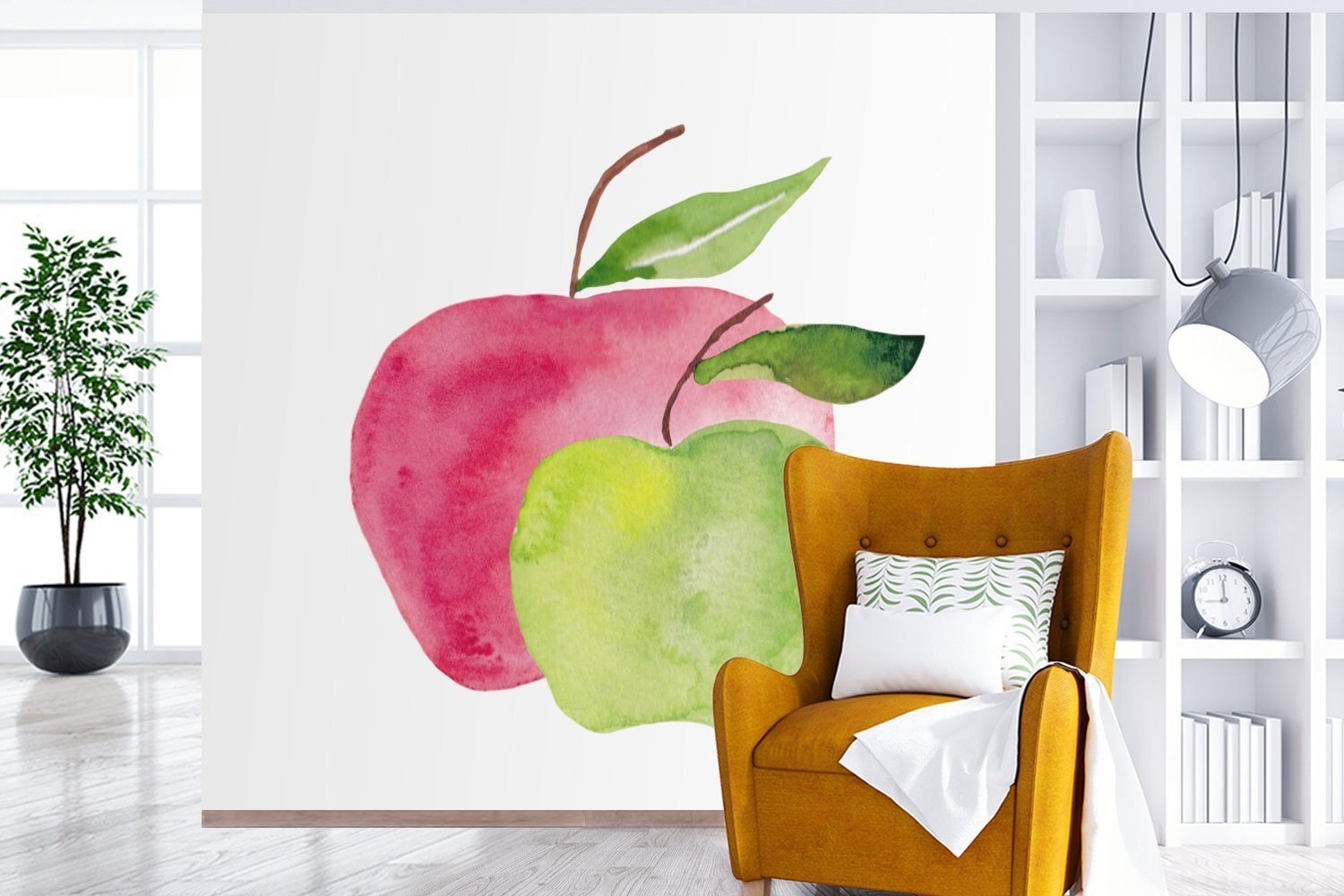 oder Wandtapete - Äpfel MuchoWow Vinyl Weiß, Matt, - für Fototapete Wohnzimmer Tapete bedruckt, Aquarell St), (5 Schlafzimmer,