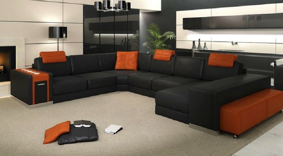 JVmoebel Ecksofa, Design Ecksofa Sofa Wohnlandschaft U Form Polster Couch Ledersofa Schwarz/Orange