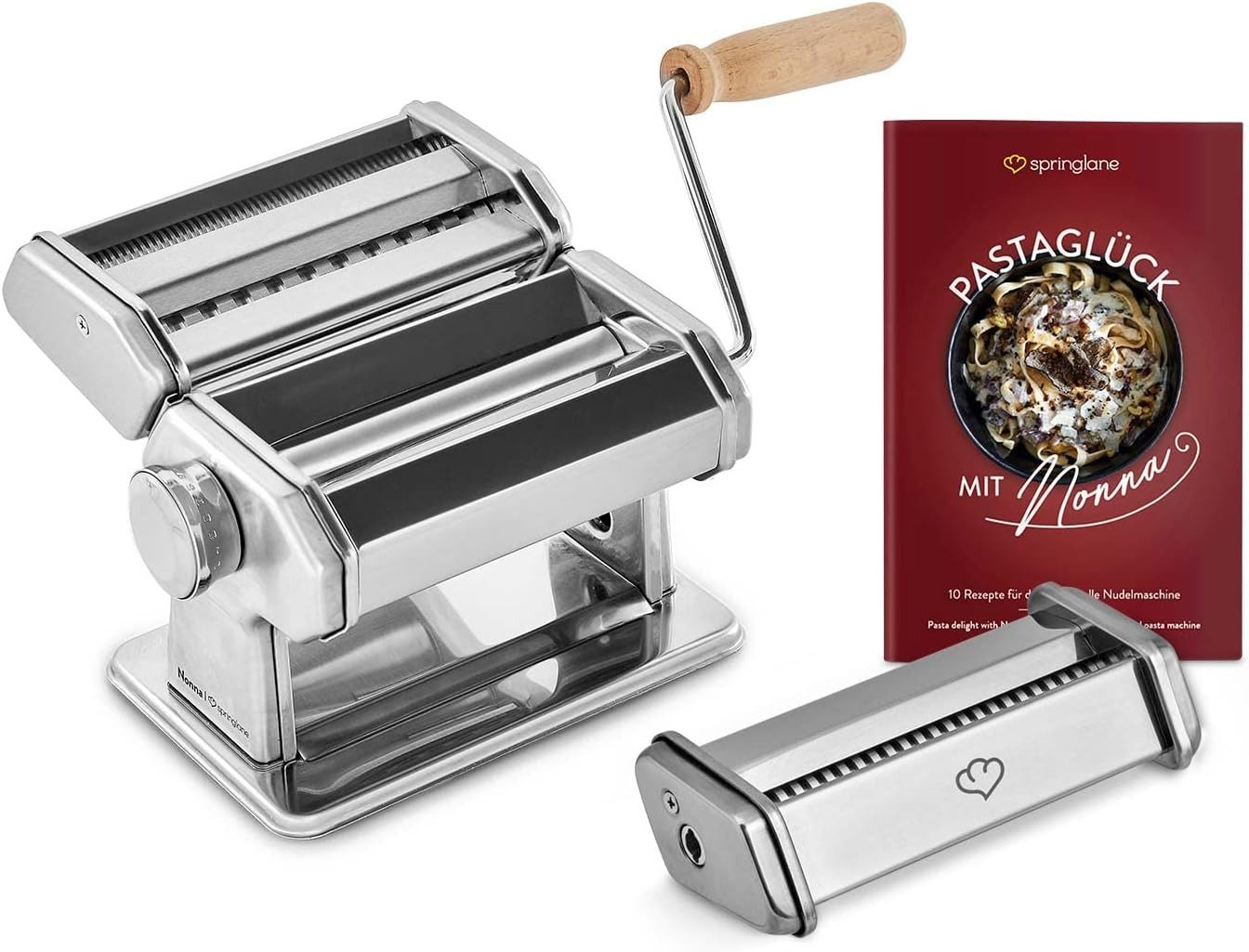 Springlane Nudelmaschine - Manuelle Nudelmaschine aus Edelstahl inkl. Linguine Aufsatz, Rezeptbuch, Nudeltrockner & 3 Schneideaufsätze, 9 …