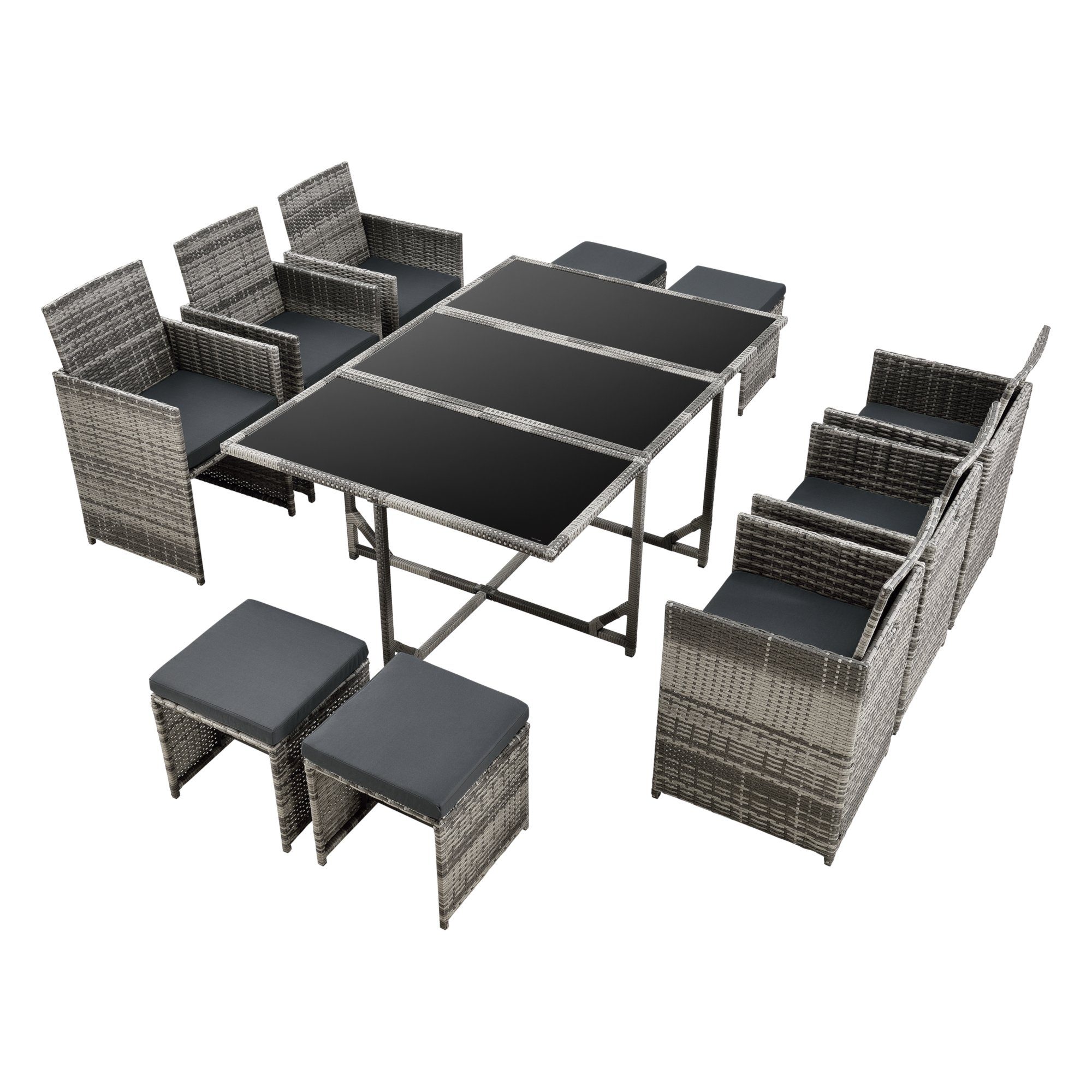en.casa Gartenlounge-Set, (3-tlg., Esstisch mit 6 Stühlen und 4 Hockern), »Laredo« Sitzgruppe Tisch 6x Stuhl 4x Hocker Polyrattan Grau meliert