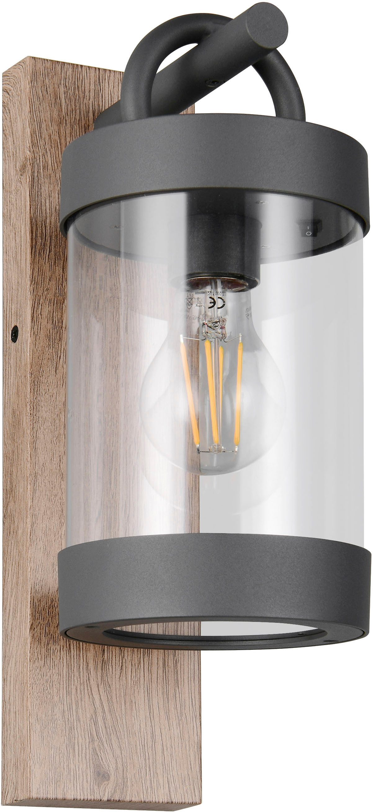 TRIO Leuchten Außen-Wandleuchte SAMBESI, Laternen Optik Hauswand, exkl 1x E27 max 28W Dämmerungssensor, Leuchtmittel wechselbar, warmweiß - kaltweiß, Fassadenbeleuchtung aus Alu Druckguss, Rückenplatte Holz Nachbildung