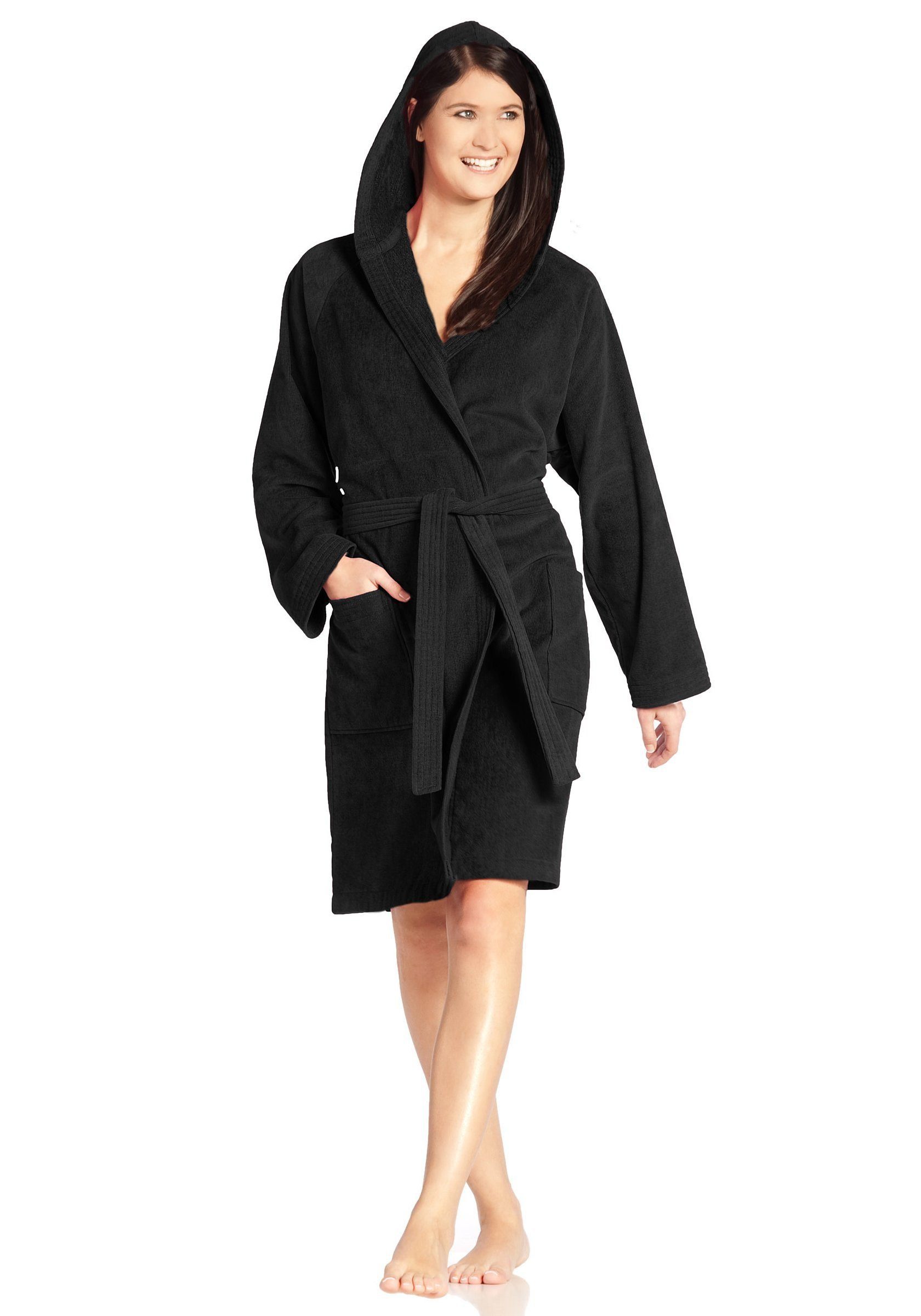Vossen Unisex-Bademantel Texas, ideal für Sauna & Spa, Hotelbademantel, Morgenmantel, Kurzform, Webvelours, Kapuze, Gürtel, für Damen & Herren