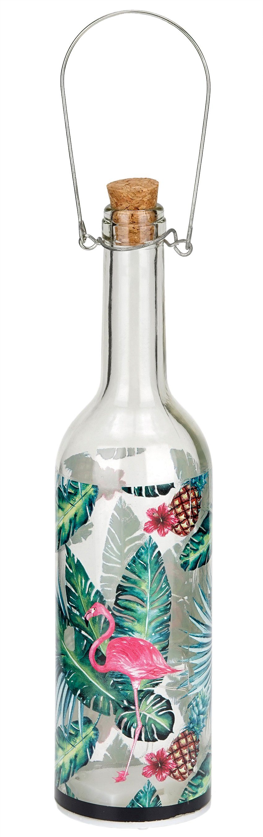BRUBAKER LED Dekolicht Lichterflasche "Flamingo" mit 5 LED Sternen, LED Lichterkette, Warmweiß, Dekoleuchte mit Motivaufdruck, Party Licht Deko, Höhe 28 cm