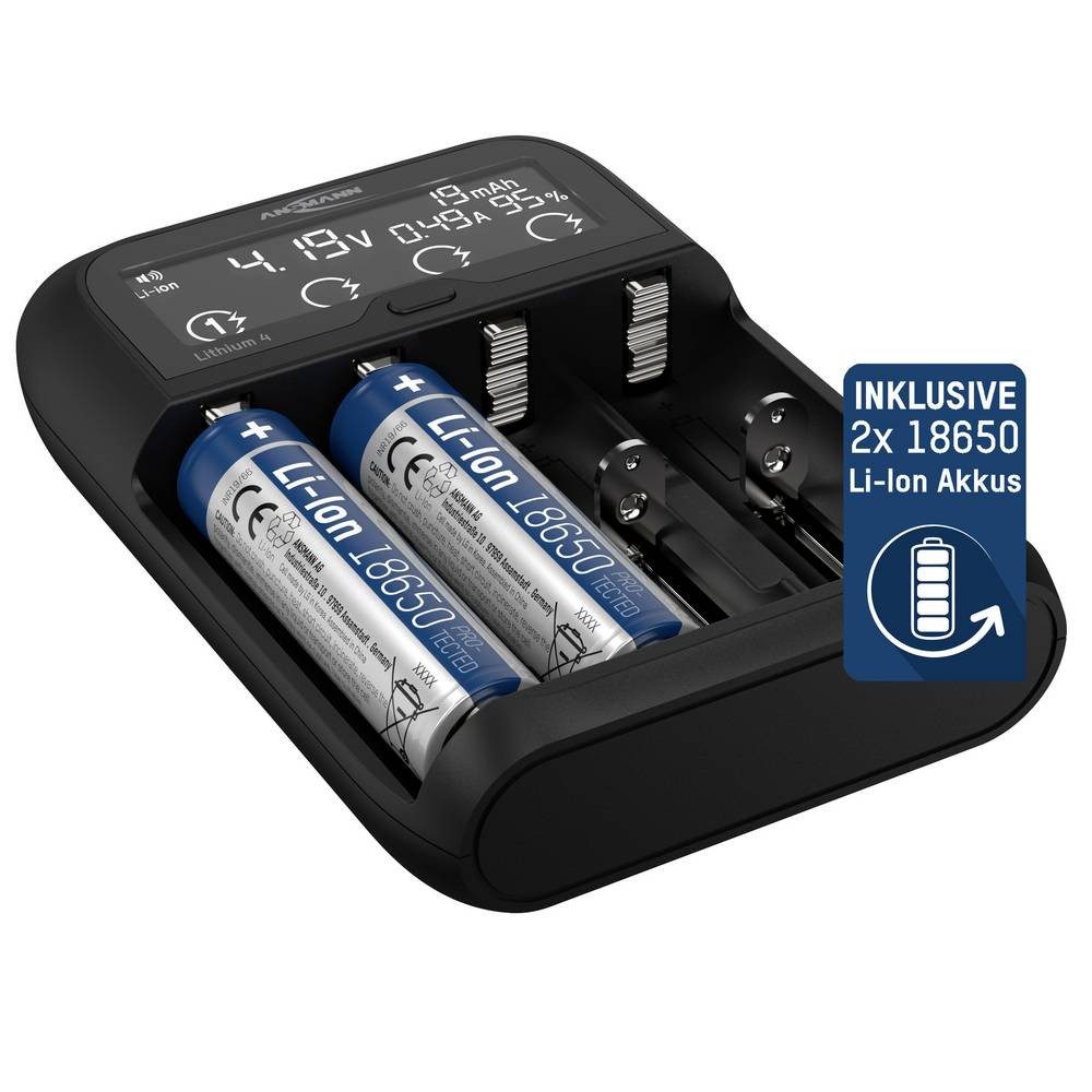 ANSMANN AG Lithium 4 Universalladegerät mit 2x 18650 Akkuzellen (2600mAh) Rundzellen-Lader