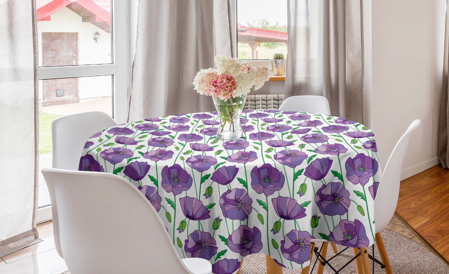 Abakuhaus Tischdecke Kreis Tischdecke Abdeckung für Esszimmer Küche Dekoration, Mohn Frühlings-Kunst-Knospen und Blüten