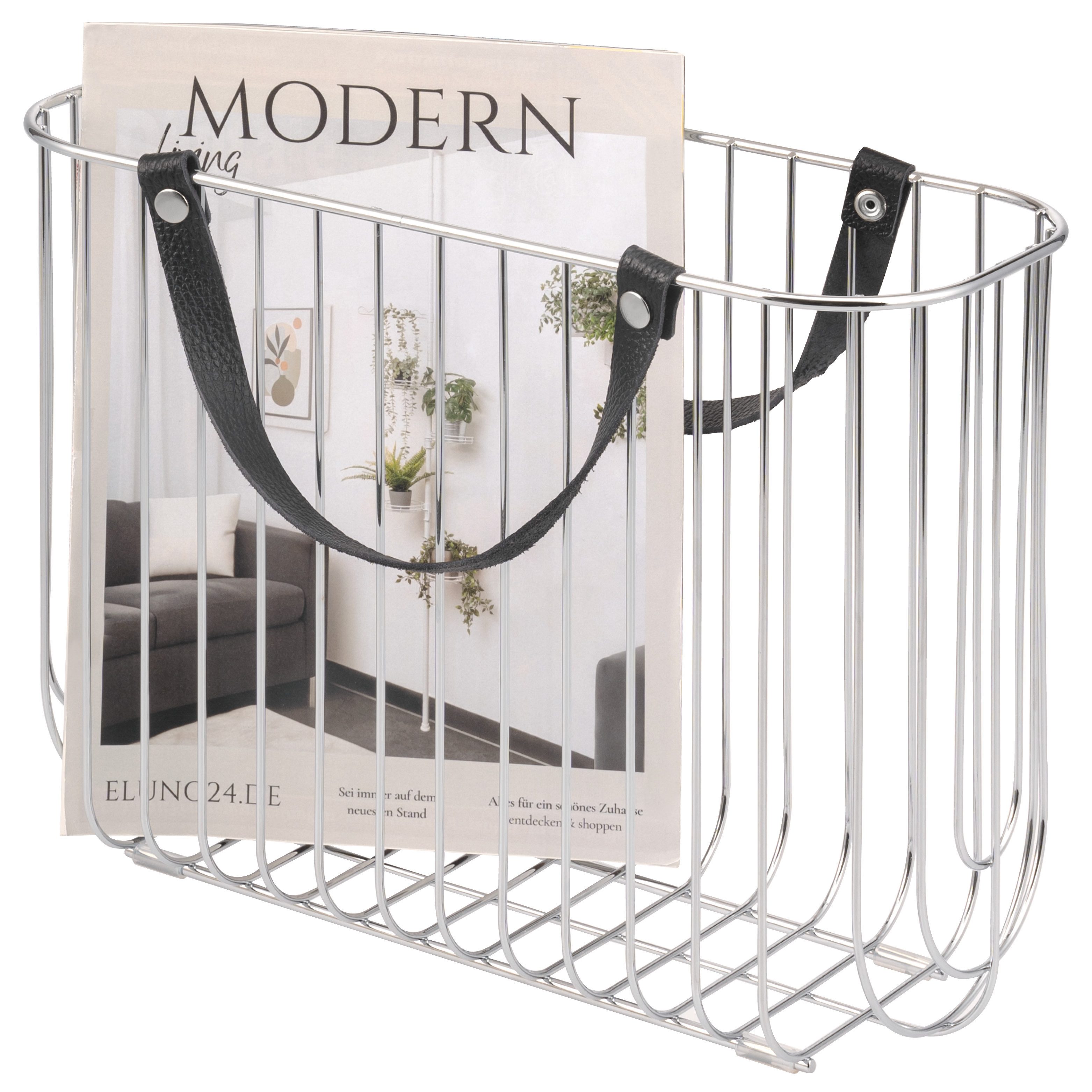 eluno Zeitungsständer aus Metall mit Tragegriffen aus Leder, verchromt günstig online kaufen