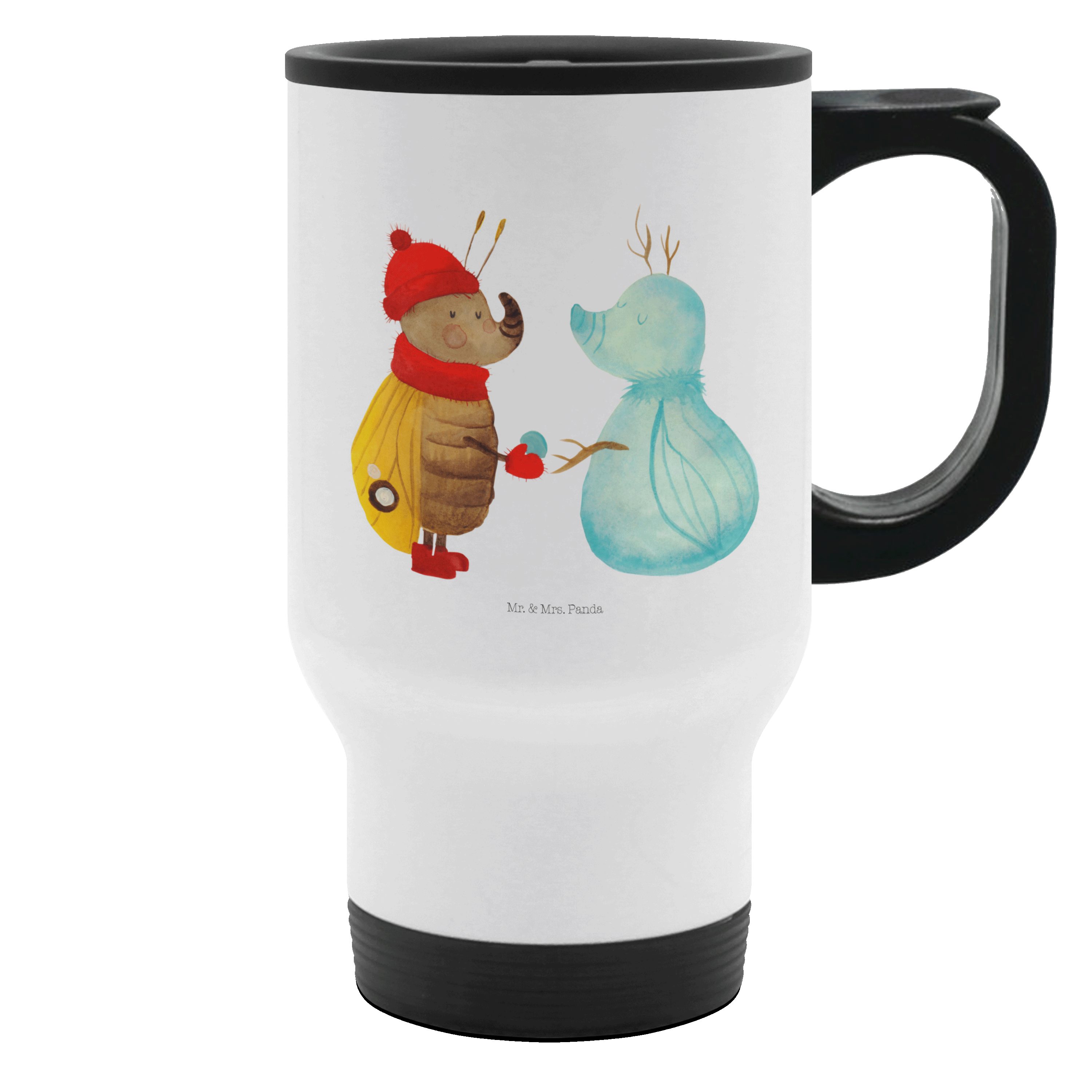 Mr. & Mrs. Panda Thermobecher Nachtfalter Schneemann, Mehrwegbecher, Weiß, Weihnachtsgruß, Becher, 1-tlg., Edelstahl
