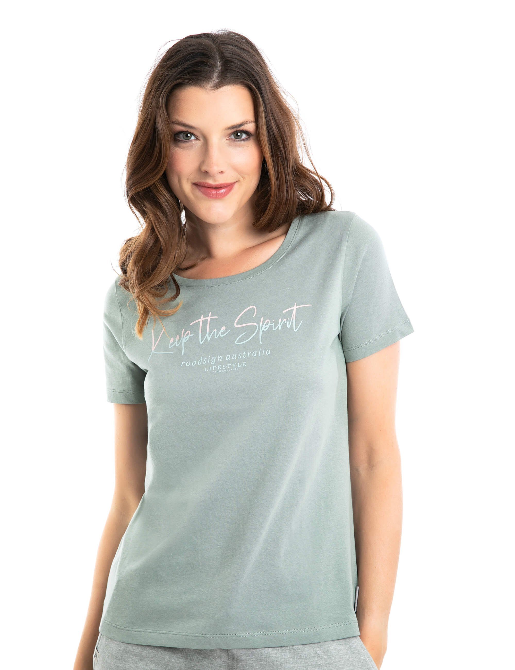 ROADSIGN australia T-Shirt Keep the Spirit (1-tlg) mit Rundhalsausschnitt & Logo-Print, 100 % Baumwolle salbei