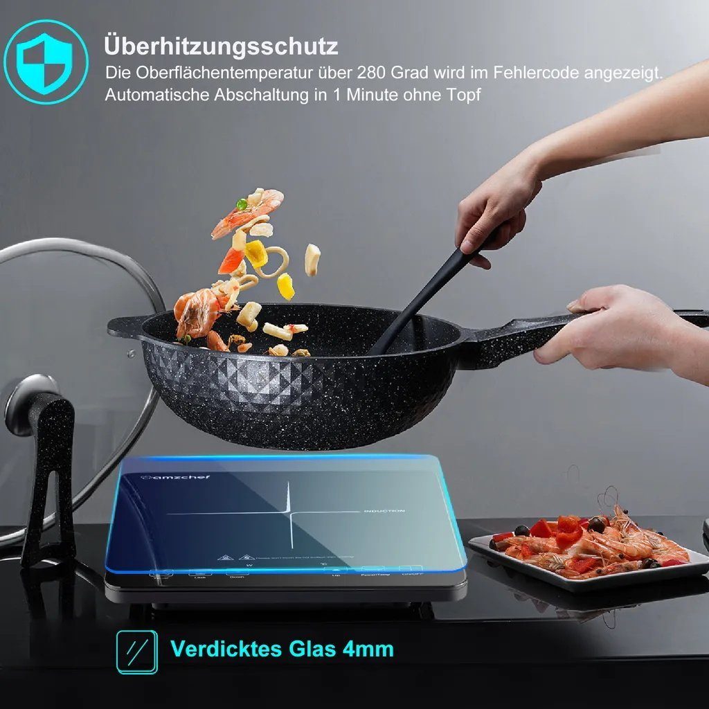 AMZCHEF Einzel-Induktionskochplatte CB16, 2000 W Induktionsplatte, LED Kochfeld