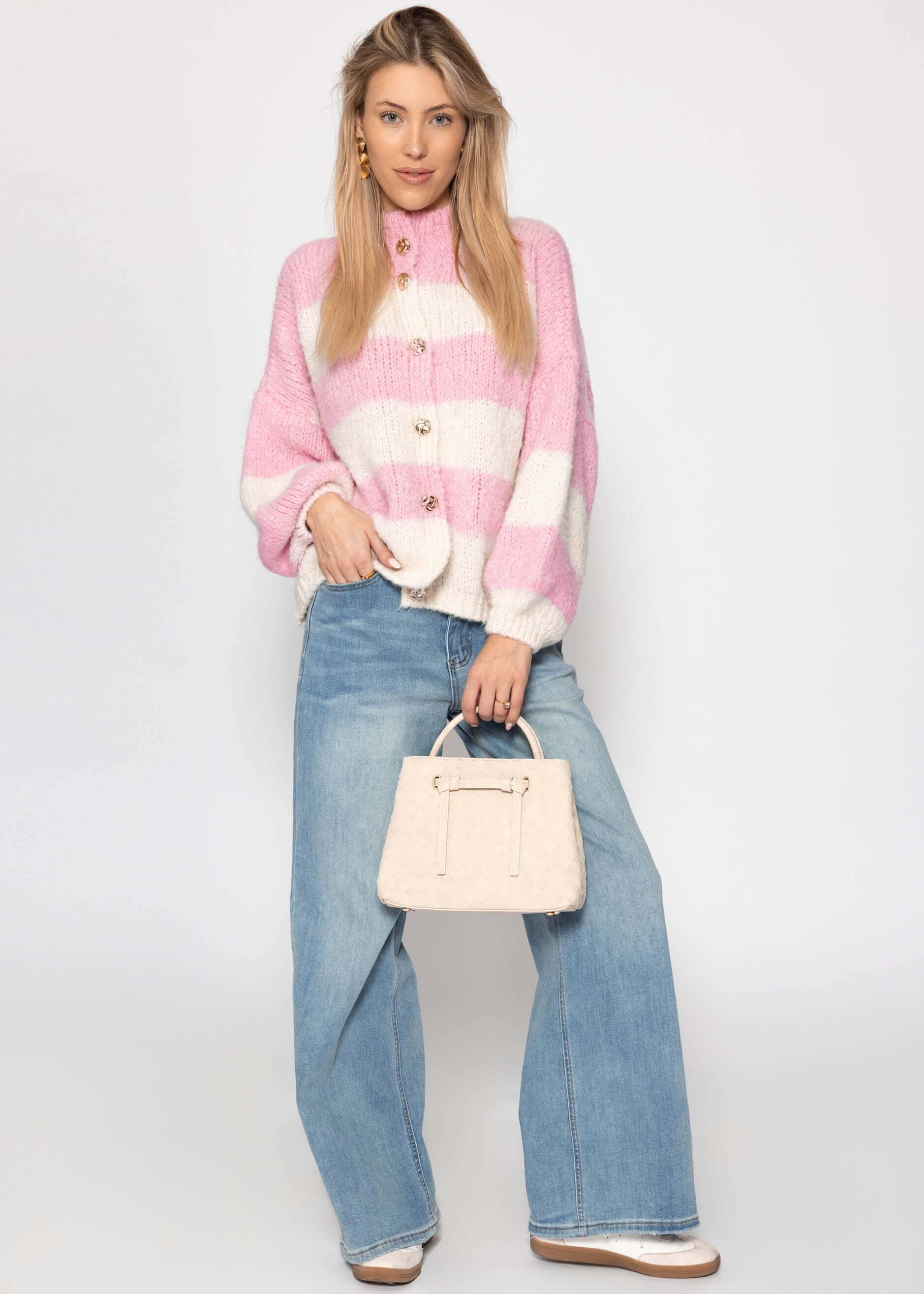 SASSYCLASSY Cardigan Gestreifter Oversize Cardigan mit Schmuckknöpfen Flauschige Strickjacke mit Blockstreifen und hohem Kragen Rosa