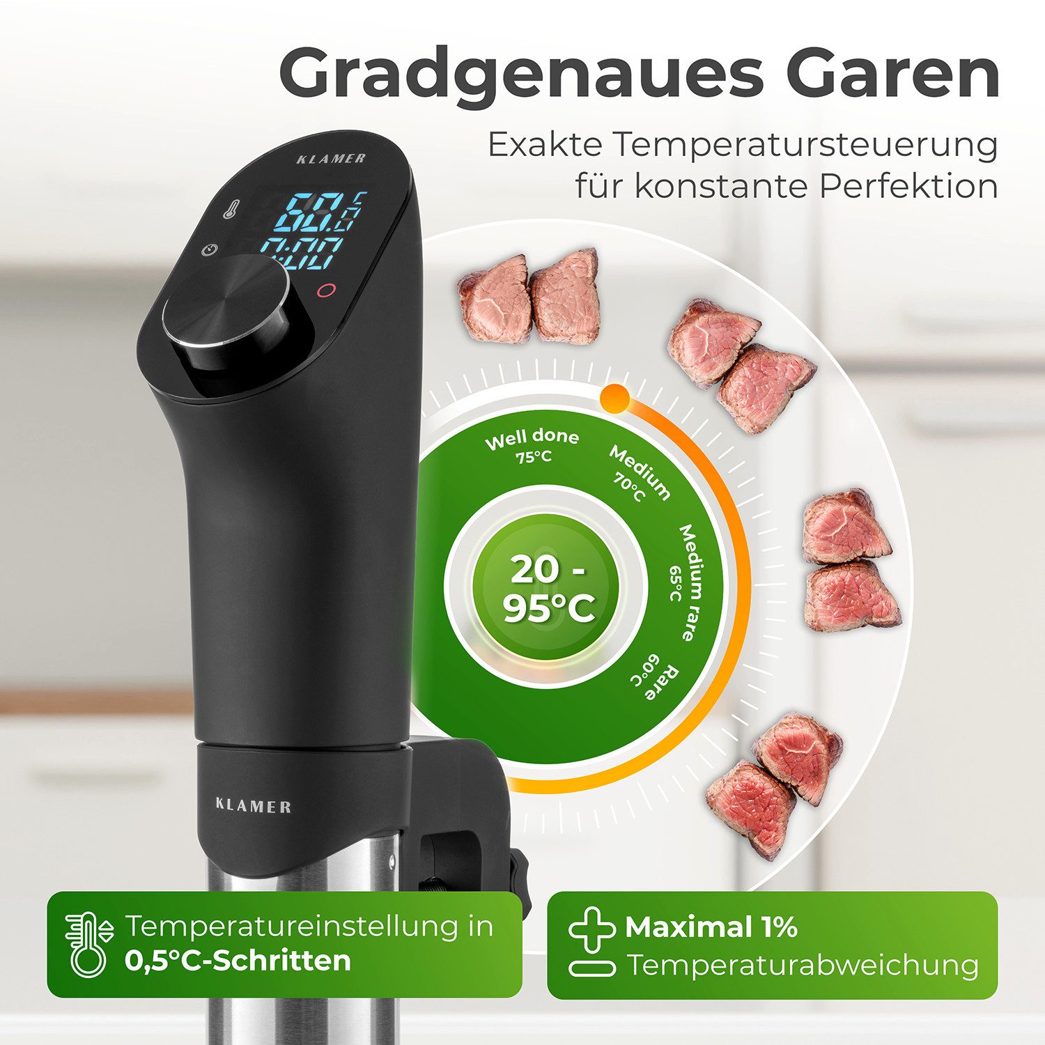 KLAMER Sous-Vide Stick 1200 Watt IPX7 wasserdichter Sous Vide Garer mit 3D Zirkulation und 2…, Perfektes Garen, 20-95°C, gleichmäßiges Erhitzen, max. 1% Abweichung