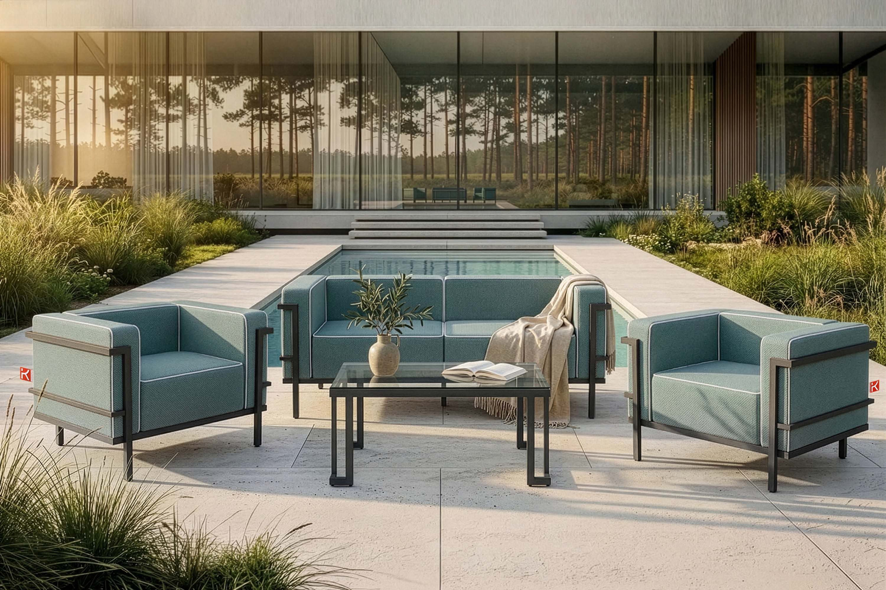 KONSIMO® Gartenlounge-Set TRIGLO Gartenmöbelset hergestellt in der EU, (4-tlg., 1x Tisch, 2x Sessel, 1x Sofa 2-Sitzer), Modern, handgefertigt, Stahlrahmen, mit Auflage