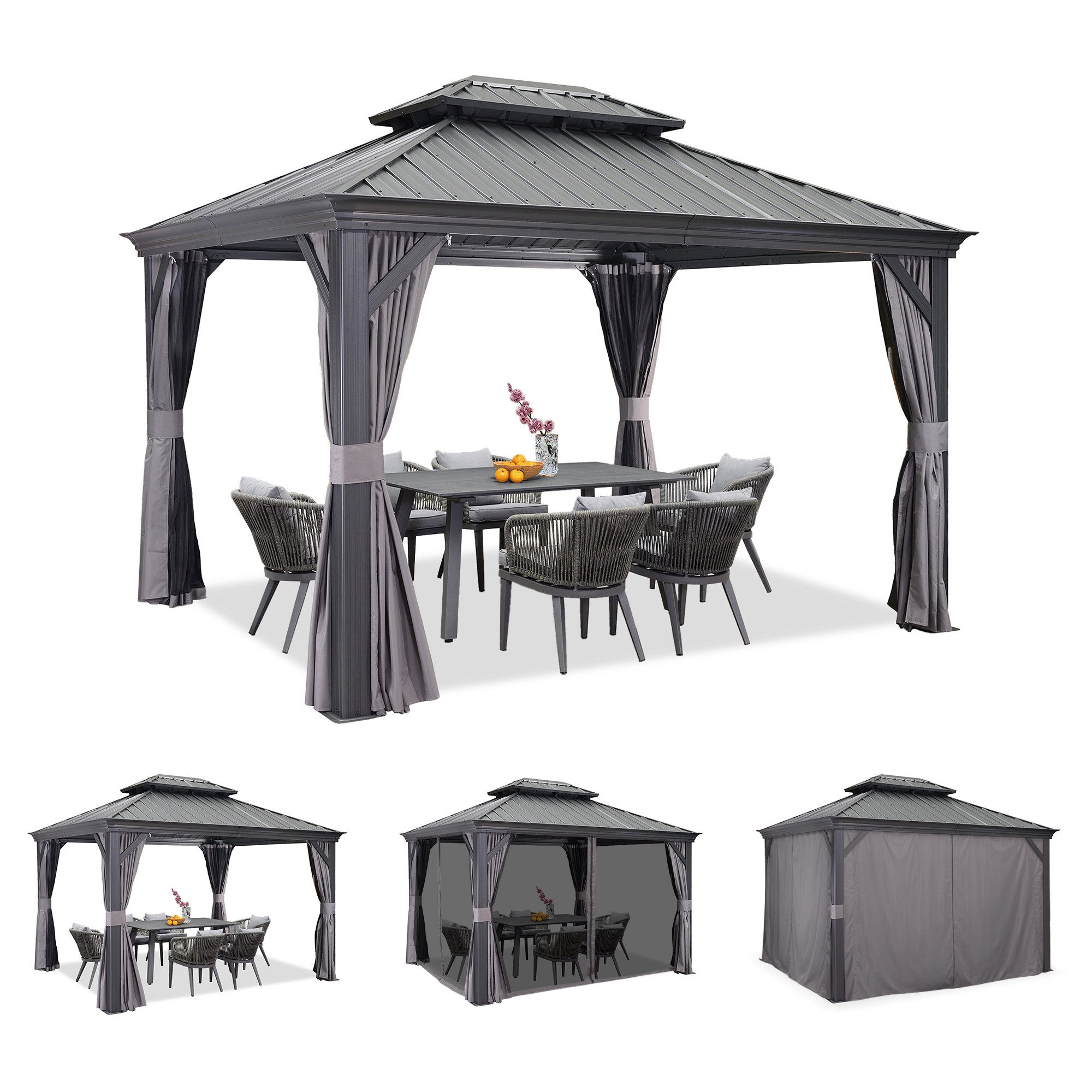 PURPLE LEAF Pavillon Alu Gartenpavillon mit Stahldach Hardtop Pavillon mit Seitenteile, Wasserdicht Stabil Winterfest, Grau
