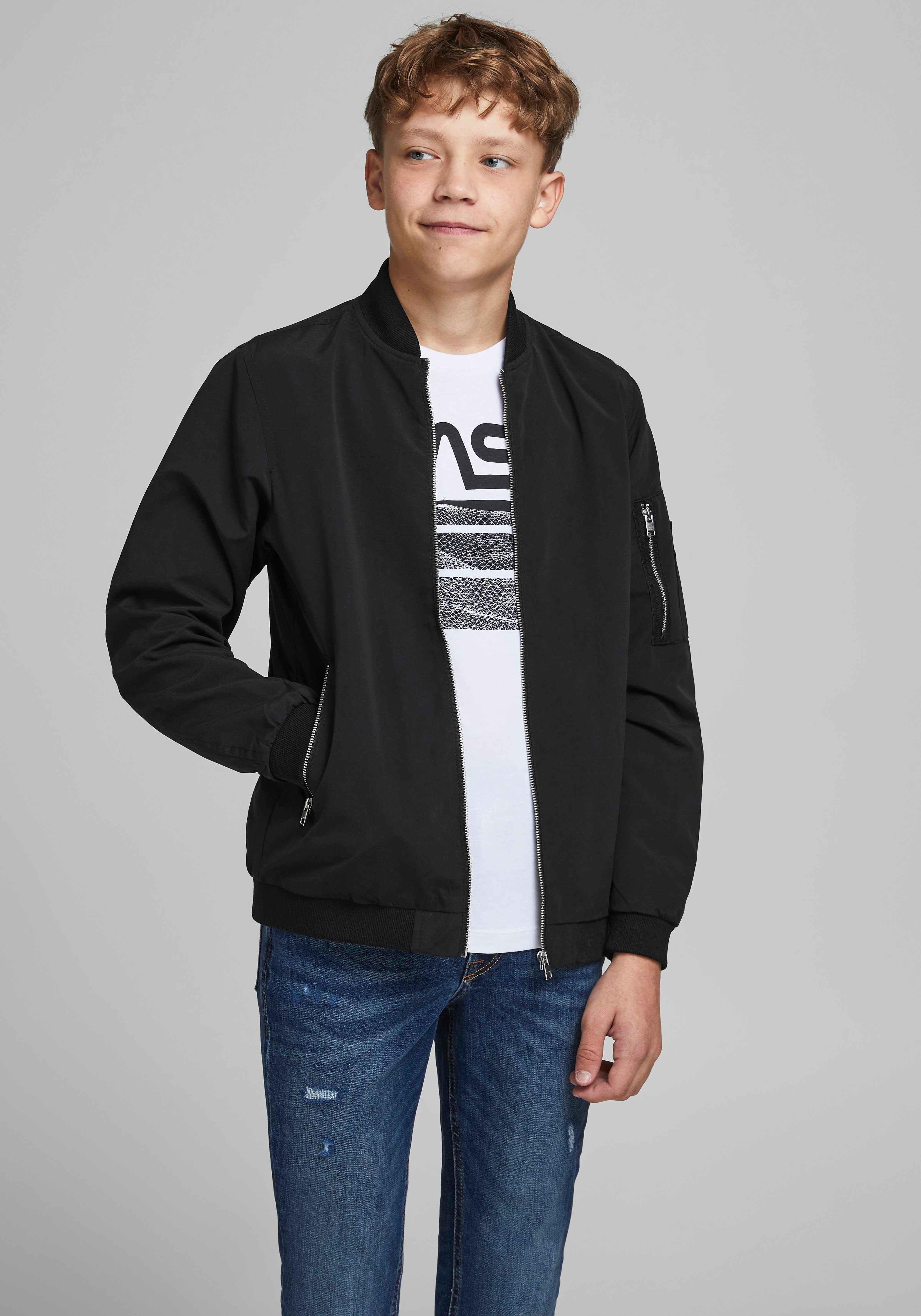 Jack & Jones Junior Bomberjacke JJERUSH windabweisend und pflegeleicht unifarben, modisch, regular fit, Web, Stehkragen