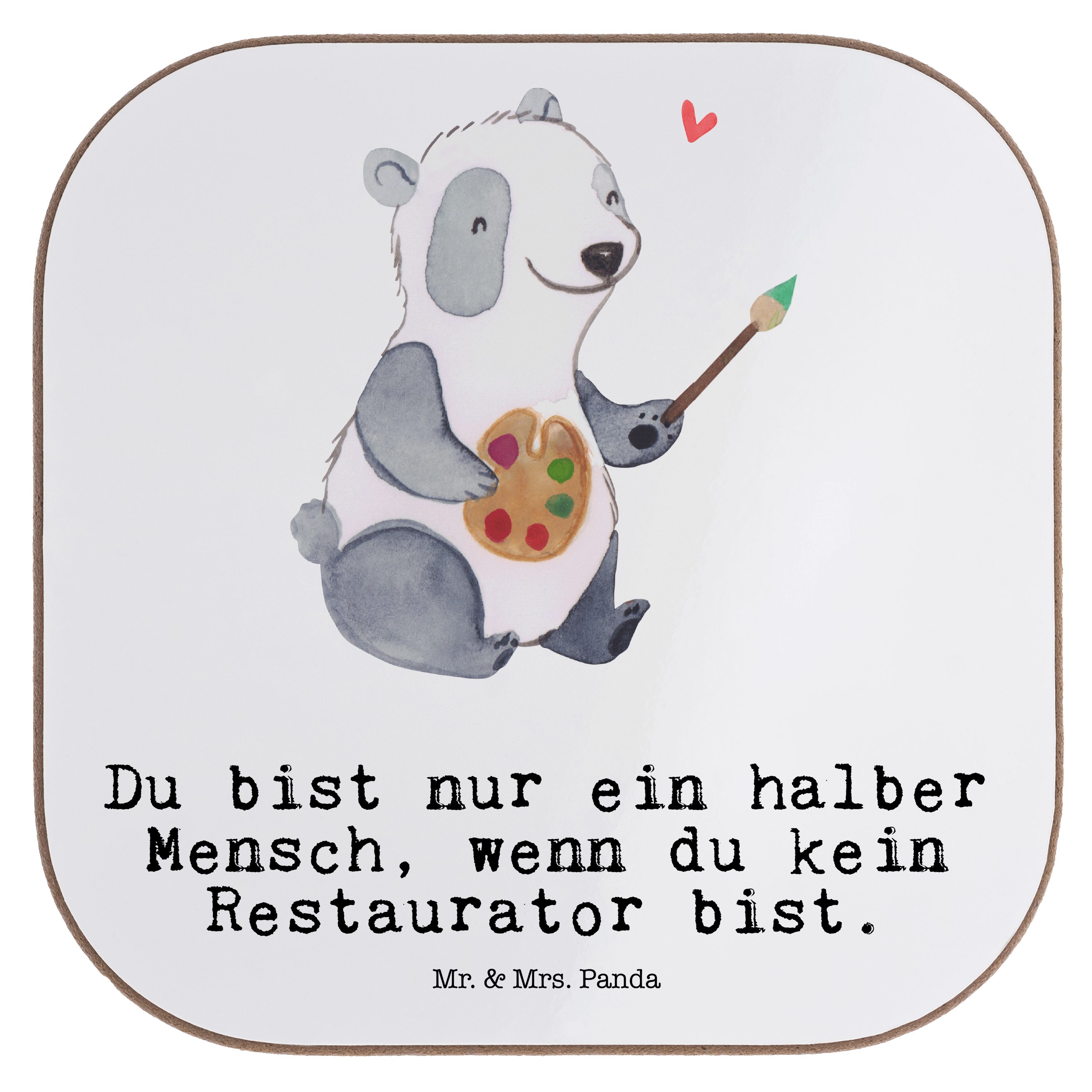 Mr. & Mrs. Panda Getränkeuntersetzer Restaurator mit Herz - Weiß - Geschenk, Untersetzer Gläser, Getränkeu, 1-tlg.