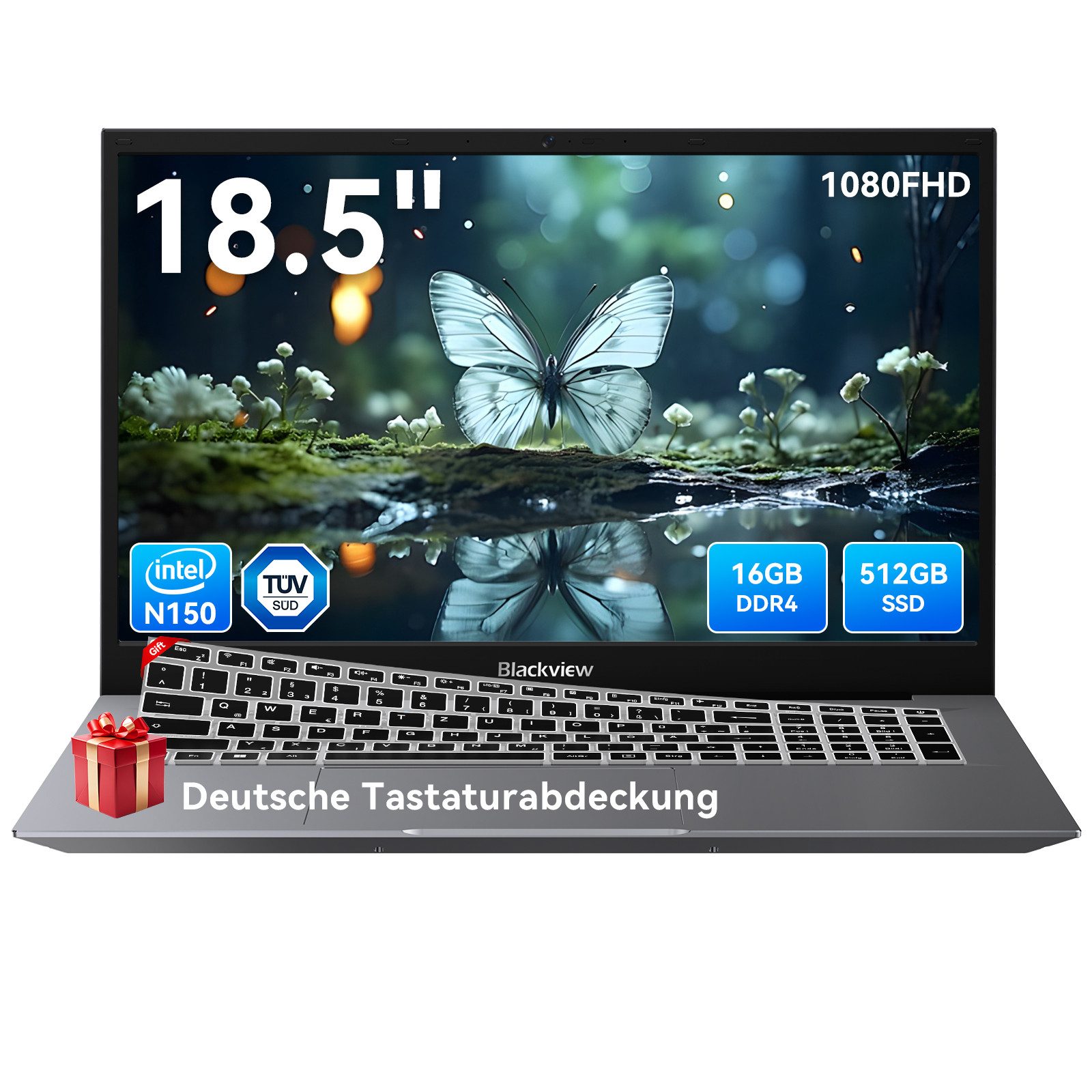 blackview 18.5" FHD IPS Acebook10 Intel Core N150 Windows 11 Pro Notebook (Intel N150 Intel Core N150, 512 GB SSD, Windows 11 Pro, FHD+ IPS, Silikon-Tastaturschutzfoli)