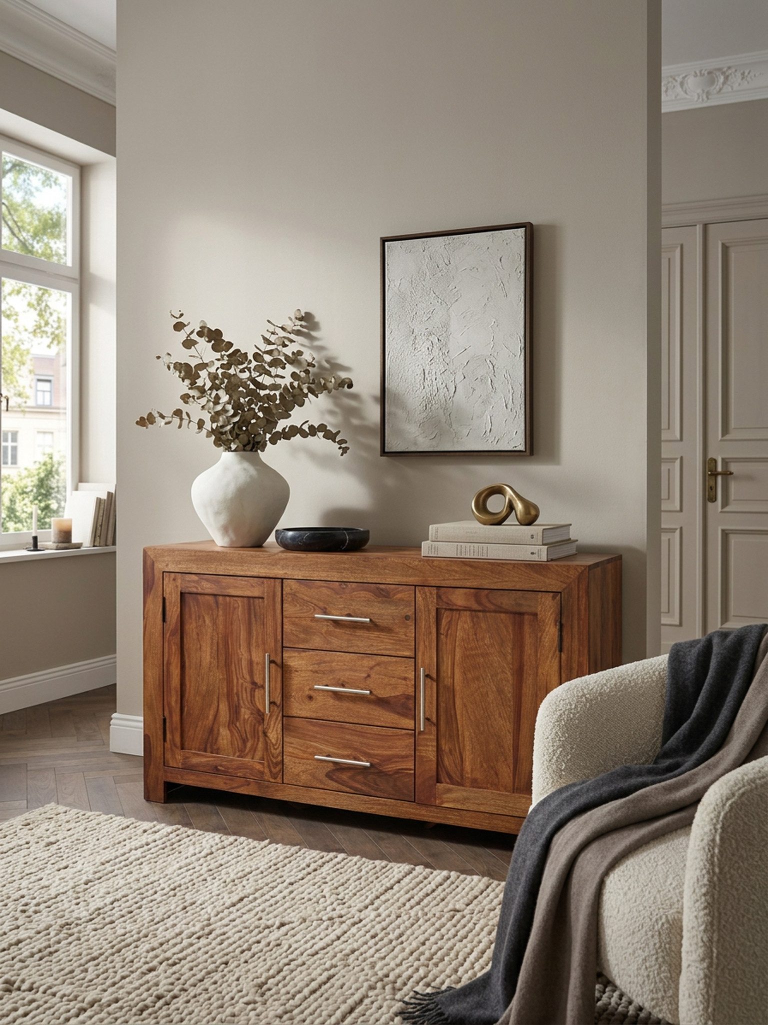 KADIMA DESIGN Kommode Elegantes Massivholz-Sideboard 3 Schubladen 2 Türen Wohnzimmer