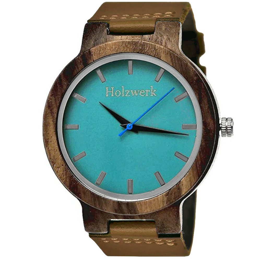 Holzwerk Quarzuhr NAILA türkis Uhr, Leder Damen Holz braun, & blau & Armband Herren