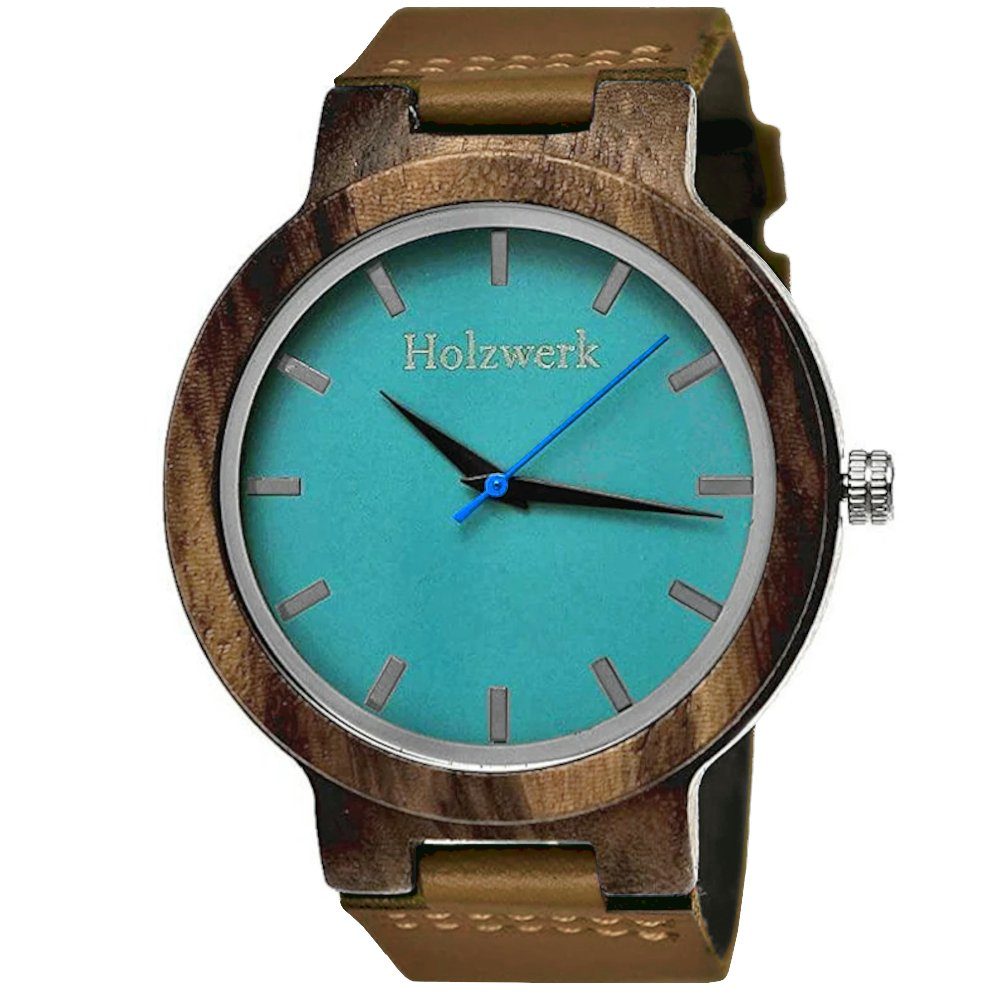 Holzwerk Quarzuhr NAILA Damen & Herren Leder & Holz Armband Uhr, braun, türkis blau
