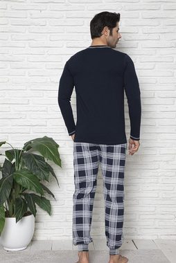 LOREZA Pyjama Schlafanzug langarm- Kariert - Dunkelblau (Set, 2 tlg)