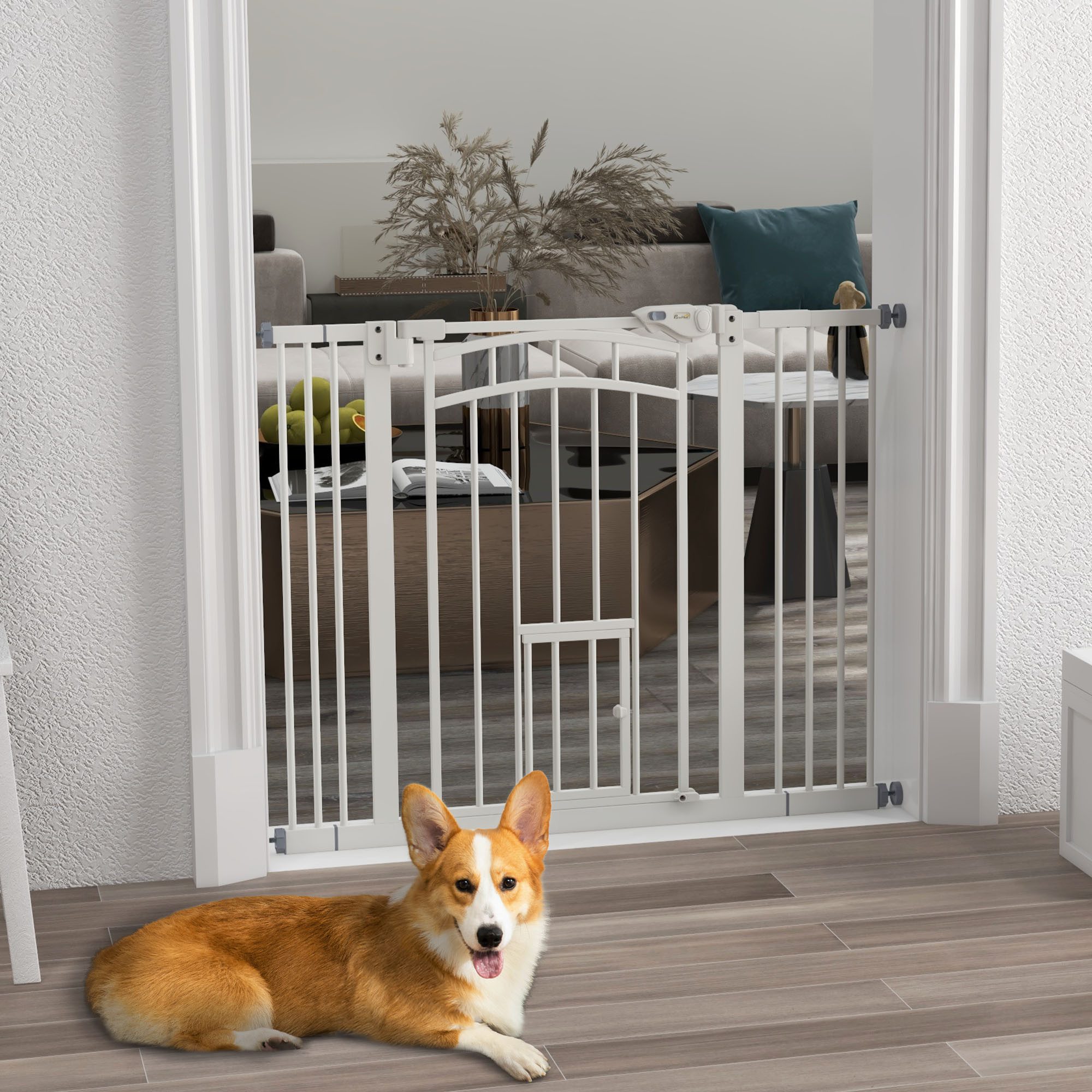 PawHut Hundegitter Hundeschutzgitter, Hundeabsperrgitter mit automatisch schließender Tür (Türschutzgitter, 1 St., Kaminschutzgitter), mit Katzenklappe, ohne Bohren, Absperrgitter für Hunde, Weiß