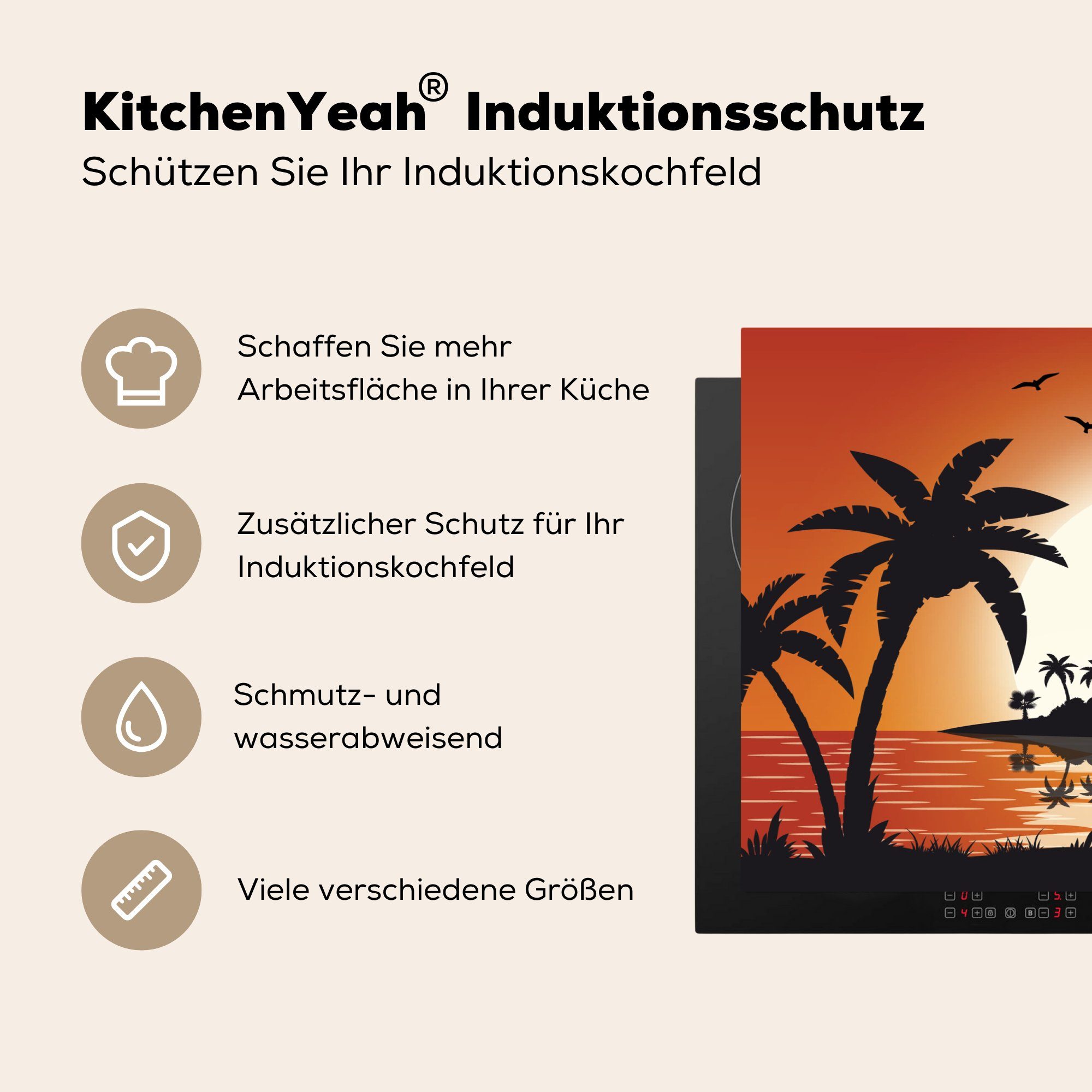 Vinyl, MuchoWow Induktionskochfeld - (1 81x52 Insel Meer küche, Palme, Ceranfeldabdeckung - tlg), - Herdblende-/Abdeckplatte Sonne die für cm, Schutz