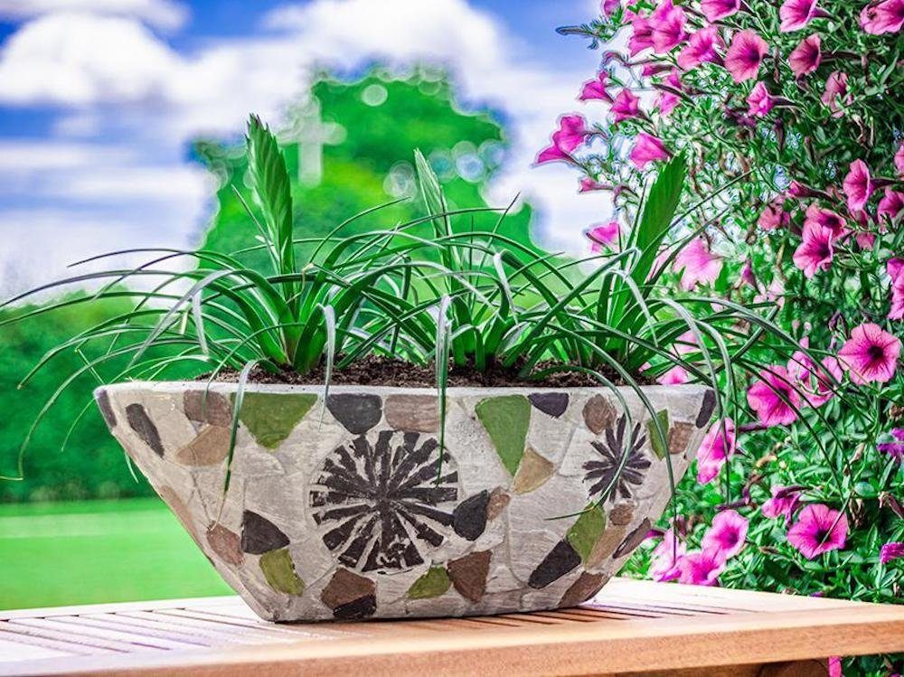 PROREGAL® Blumentopf Blütentopf mit Mosaik, Grau, breit, Keramik, 40,5x19x14cm