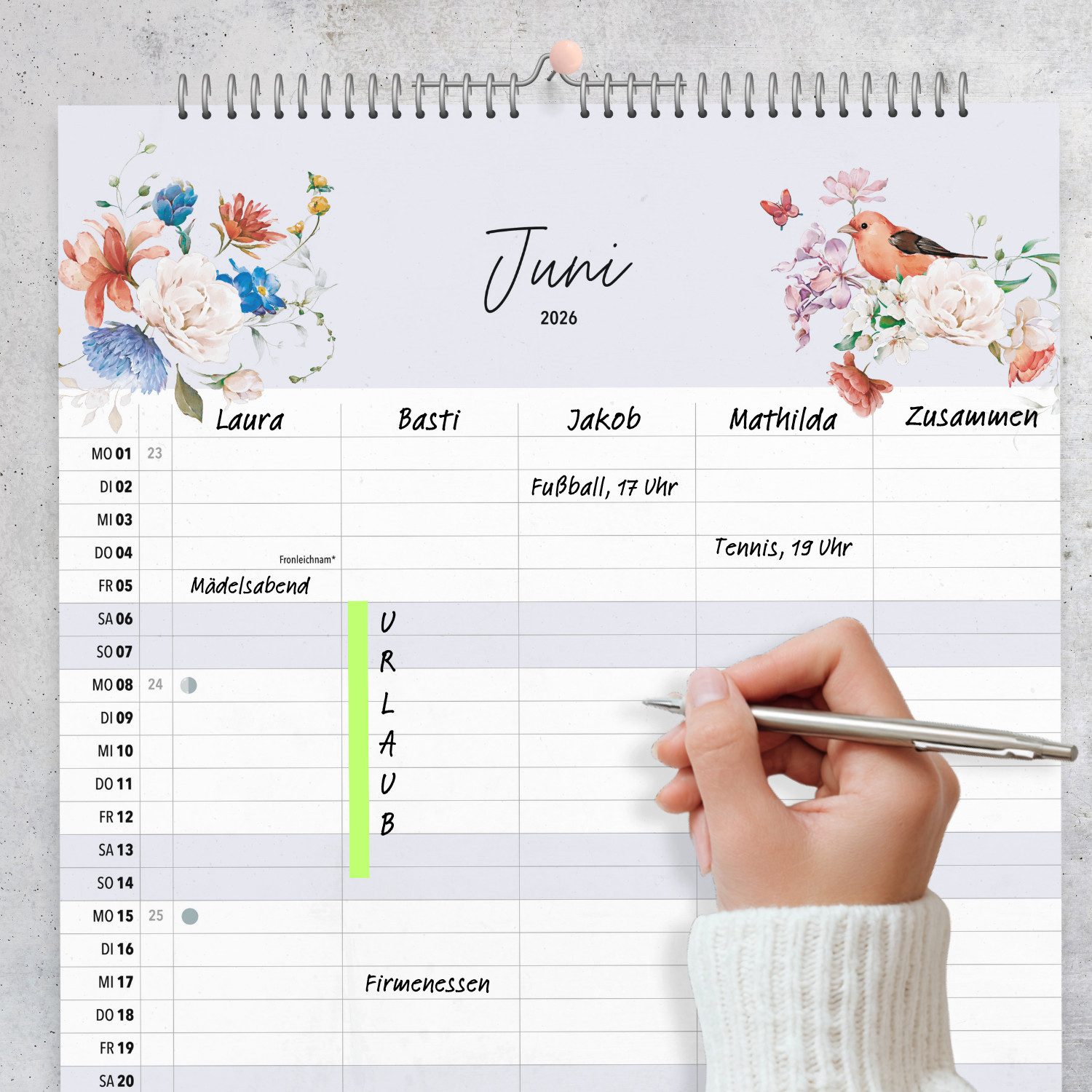 heaven+paper Familienkalender A3 Familienplaner WILDFLOWER 5 Spalten 2026 blumig, hochwertig, Hergestellt in Deutschland