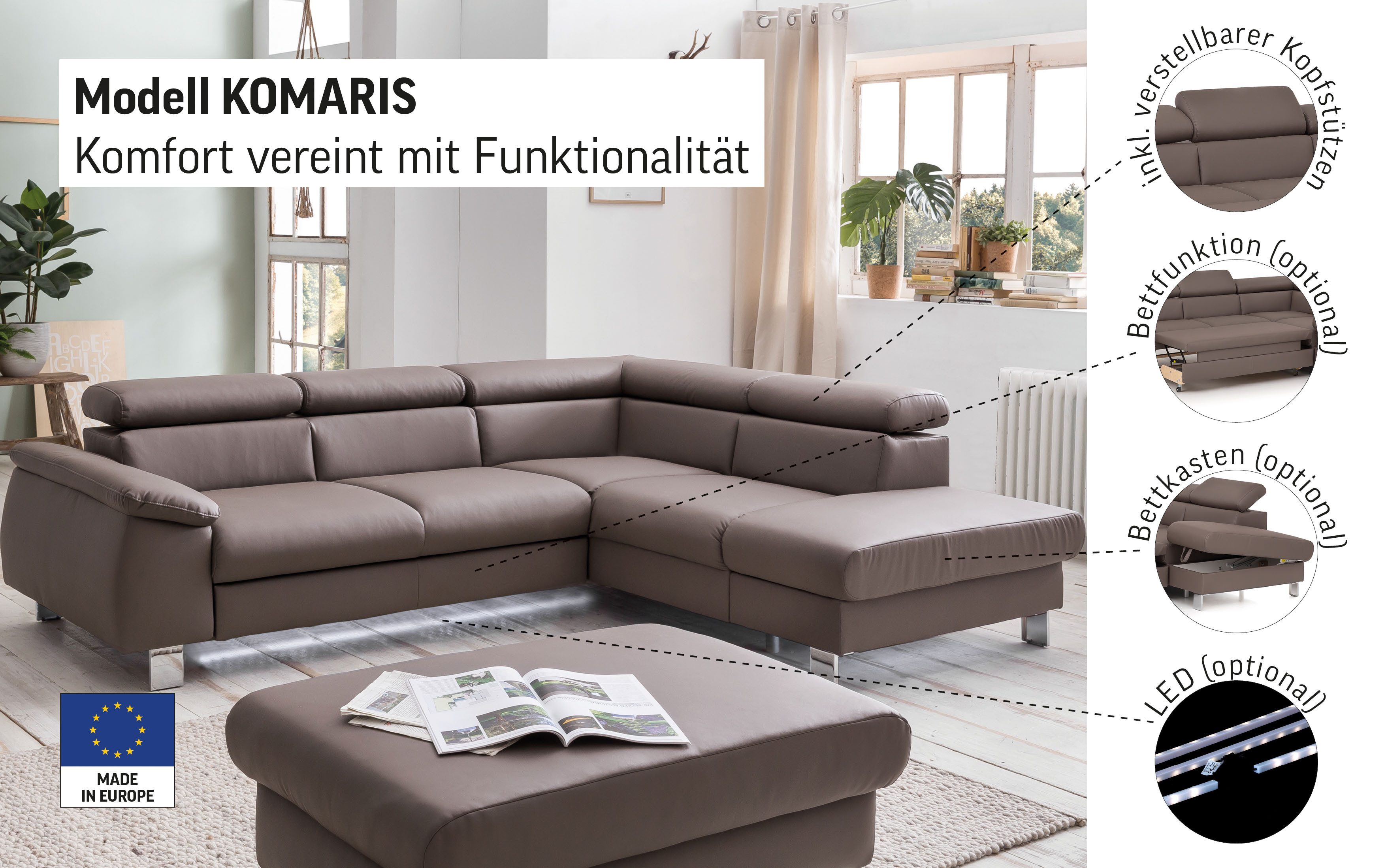 COTTA Ecksofa Komaris L-Form mit Kopfteilverstellung, günstig online kaufen