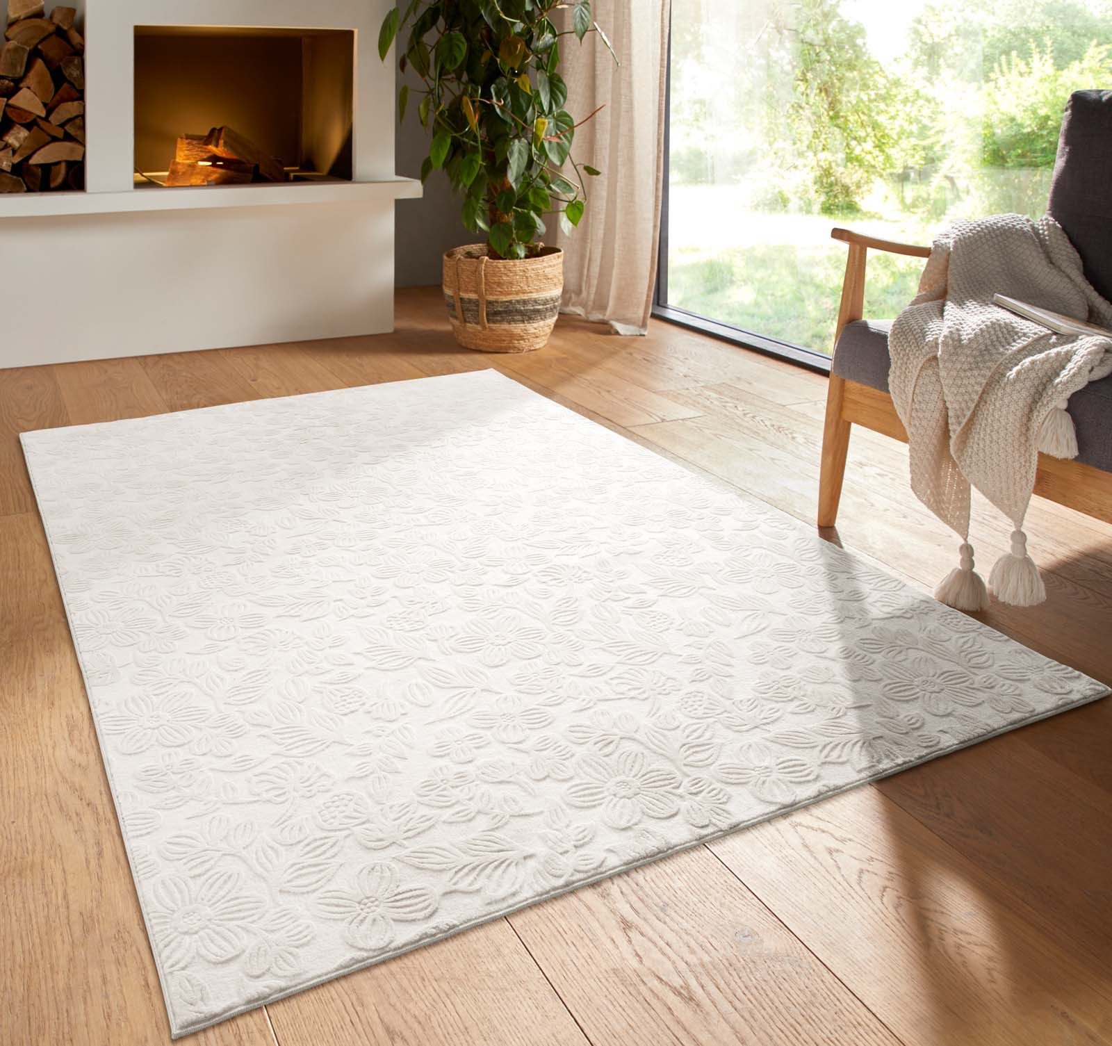 TaraCarpet Teppich TaraCarpet Homestyle 375 Flora, rechteckig, Höhe: 10 mm, Blätteroptik hoch-tief weich waschbar creme 50x80