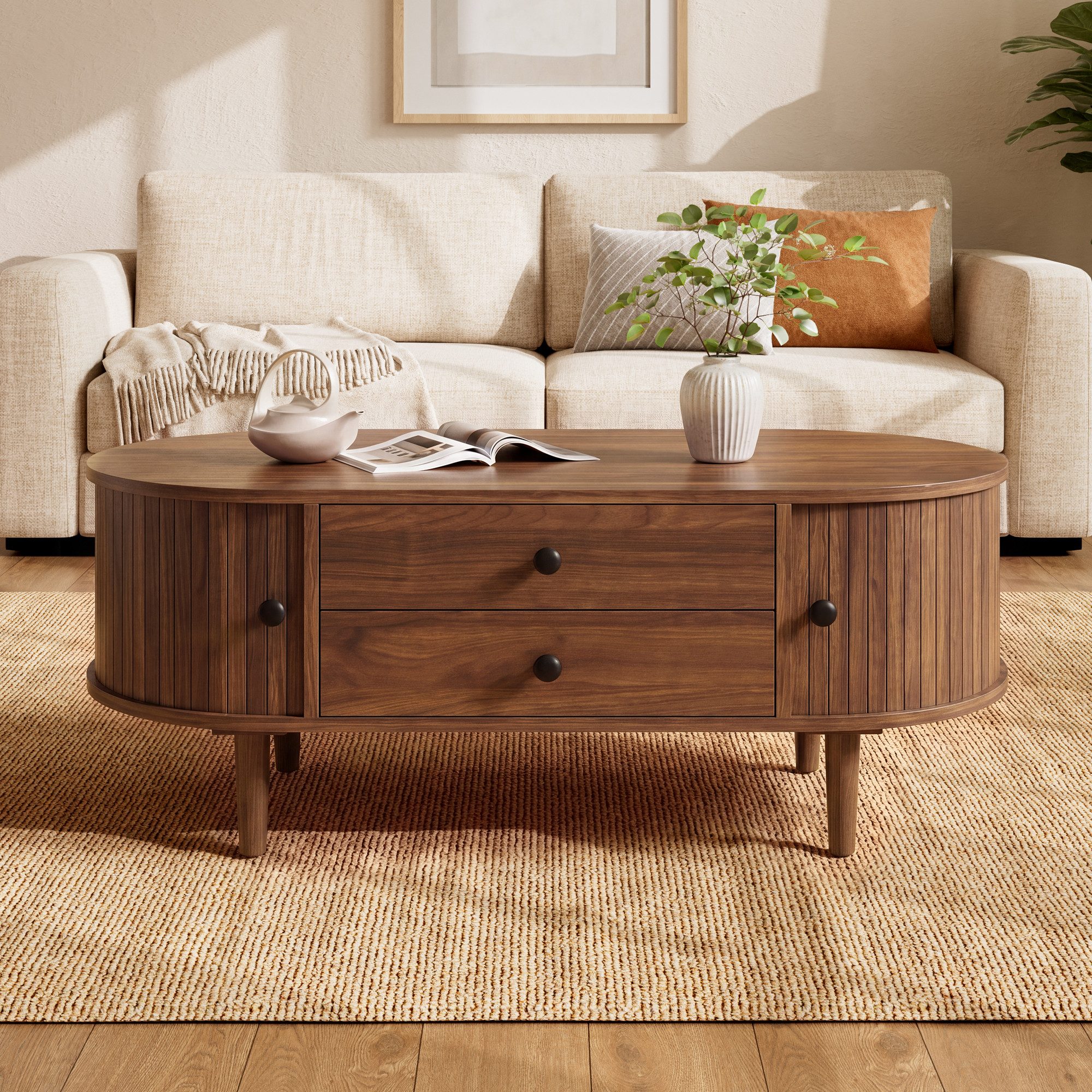 OKWISH Couchtisch Ovaler Tisch mit Schiebetüren, vertikalen Leisten (Packung, 1-St., geschlossener Stauraum, zeitlos & vielseitig), 100x40x50 cm, Nussbaum, 2 Schubladen