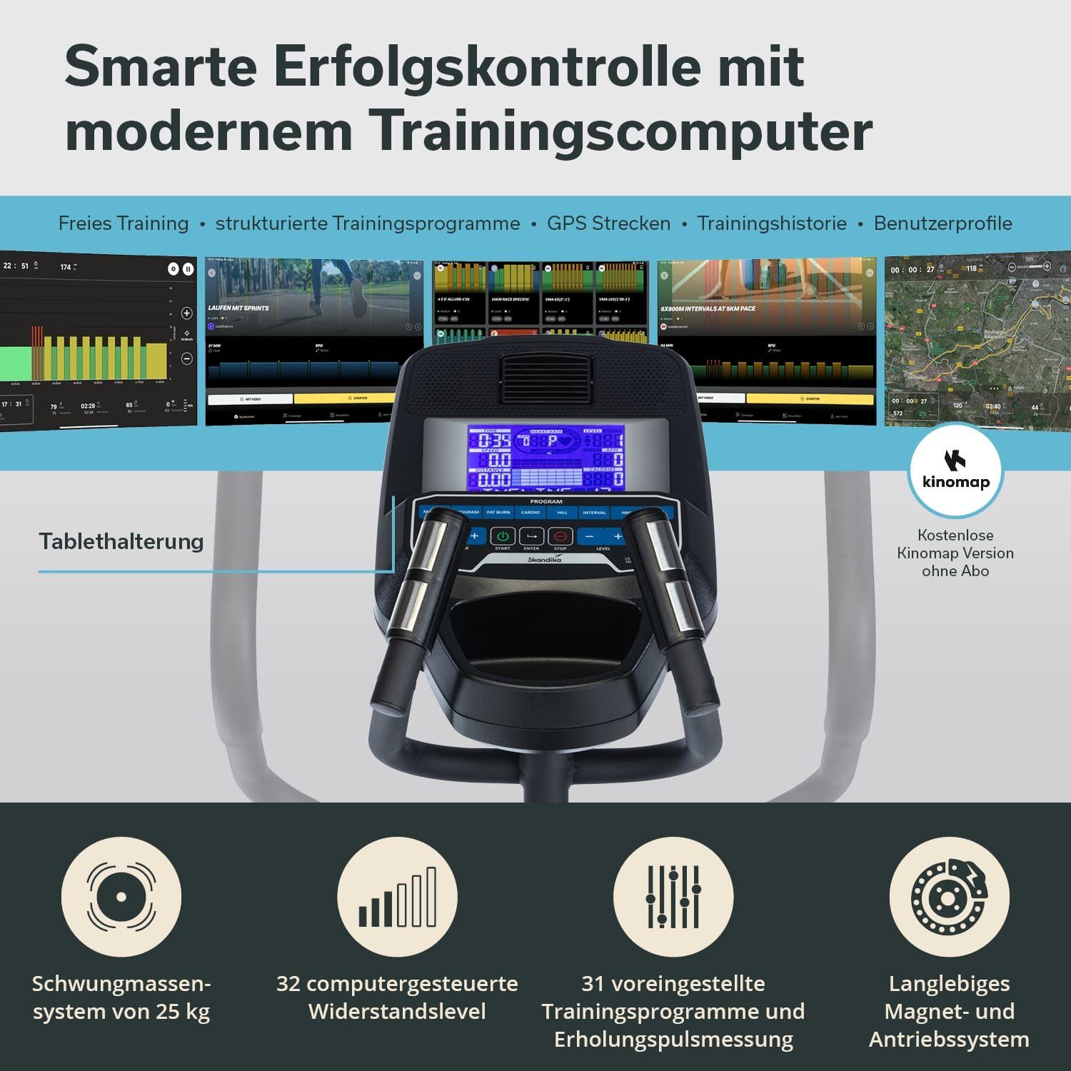 Skandika Crosstrainer CardioCross Conqueror Premium Ellipsentrainer Heimtrainer für Zuhause (Maximales Benutzergewicht 150 kg, Transportrollen, Tablethalterung), 25kg Schwungmasse, App-Kompatibel mit Kinomap, 31 Programme, 32 Stufen