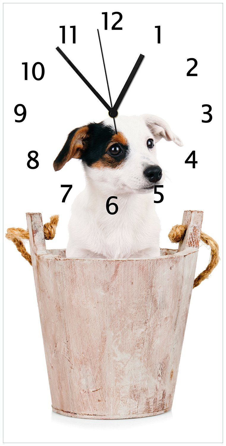Wallario Wanduhr Hunde-Welpe Jack Russel Terrier in einem Holzeimer (Uhr aus Acryl)