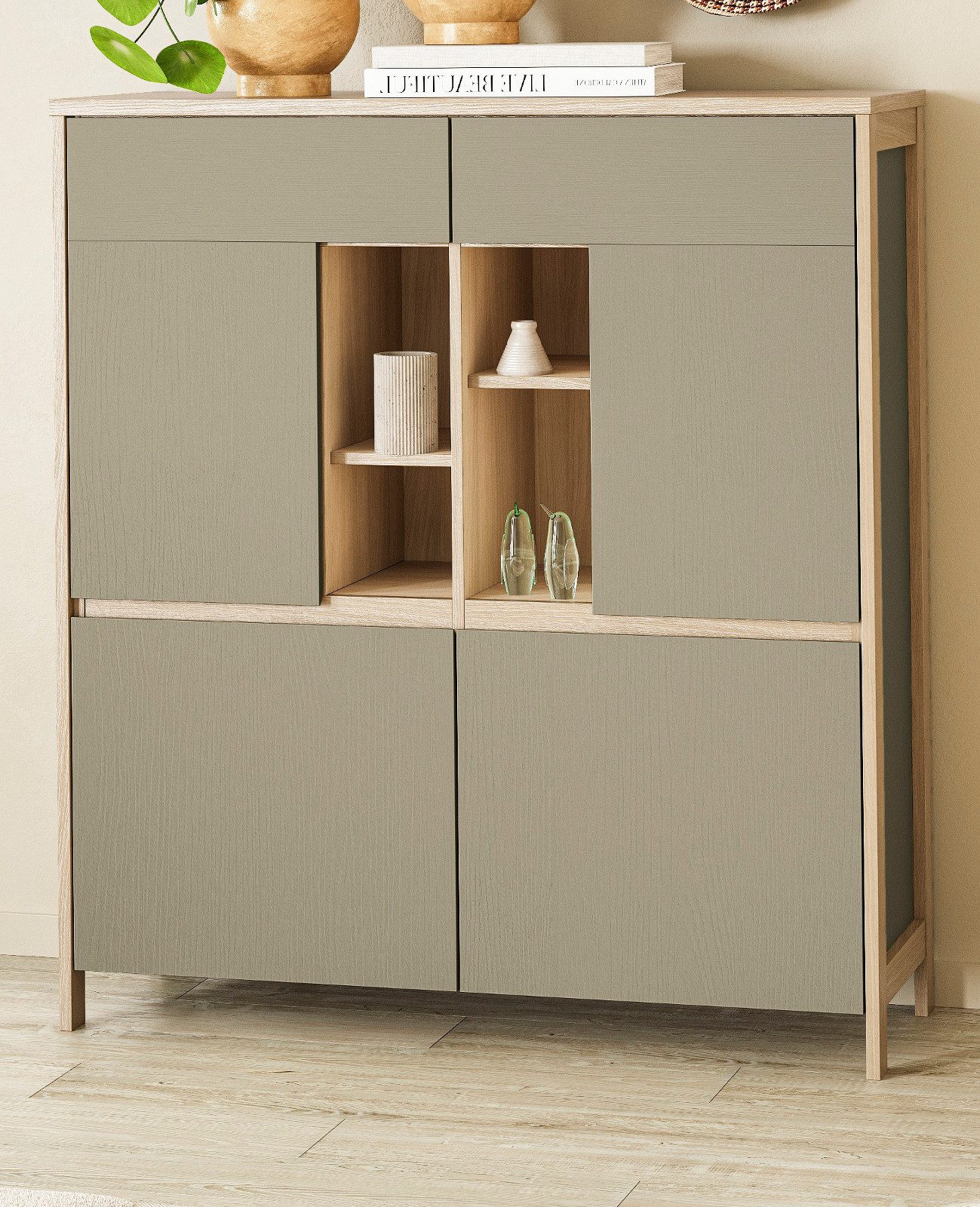 Furn.Design Highboard Finnes (Schrank in Salbei mit Eiche natur, 4-türig, 111 x 125 cm), 10 Fächer, Soft-Close-Funktion