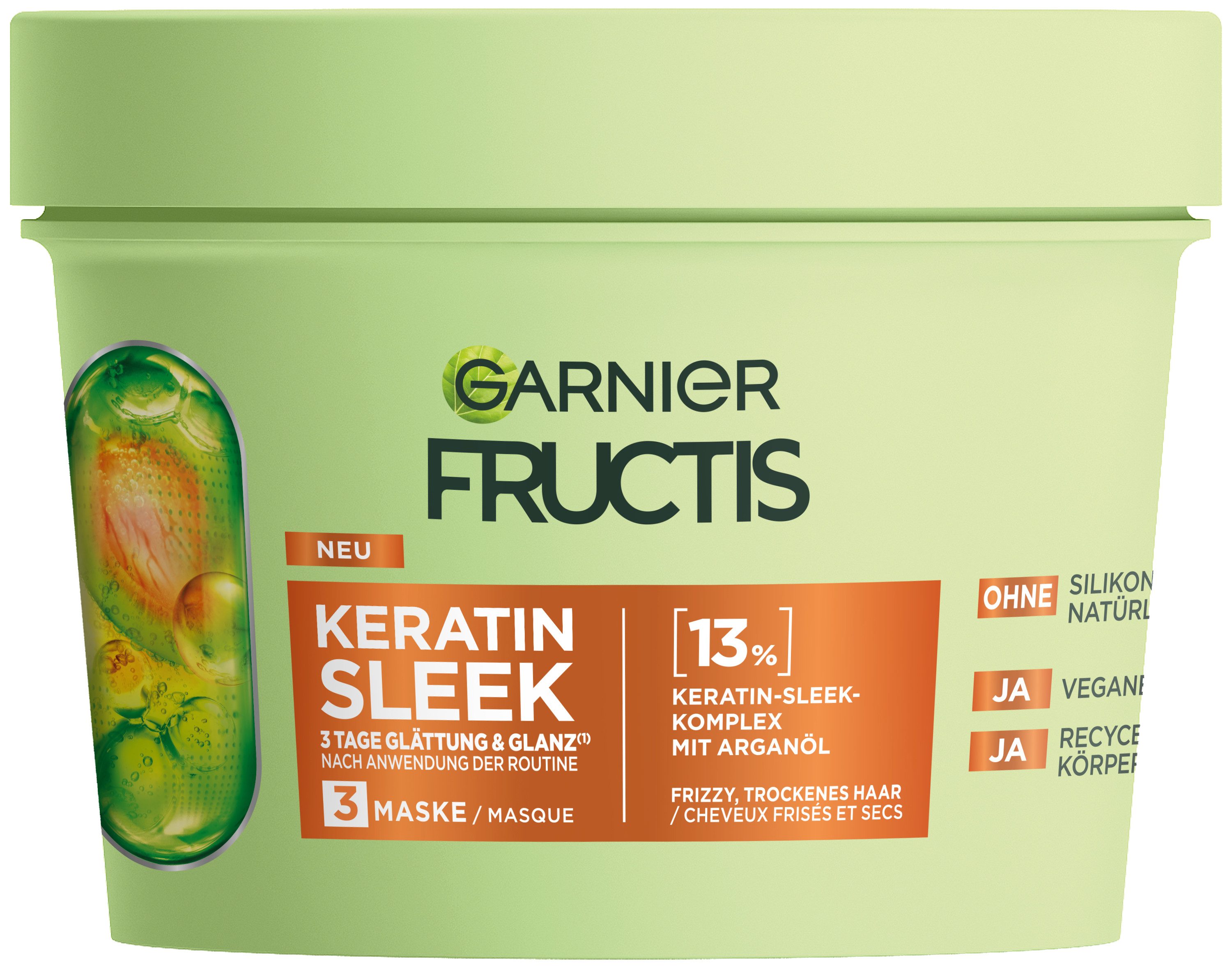 GARNIER Haarmaske Garnier Fructis Keratin Sleek Maske, Für trockenes, zu Frizz neigendes Haar, sorgt für gesundes Aussehen.