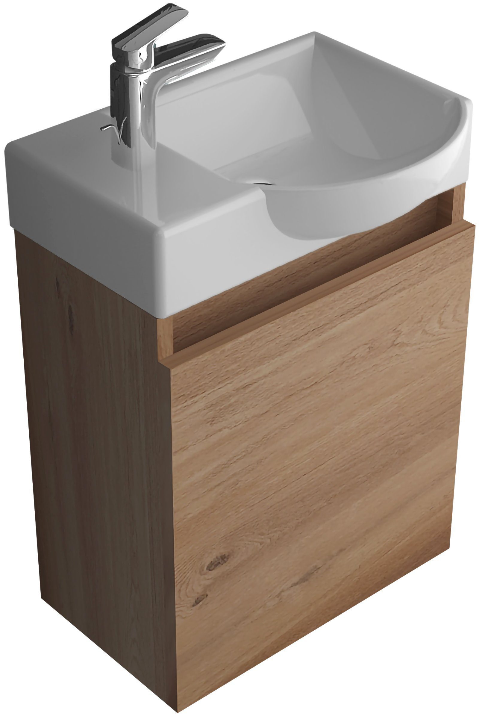 Alpenberger Waschbecken Gäste WC Waschbecken mit Unterschrank - Hängeschrank Vormontiert (Washbasin - Waschtisch Set, Schmales Waschbecken mit Unterschrank), Waschbecken mit Unterschrank Holzoptik - Gäste WC Set