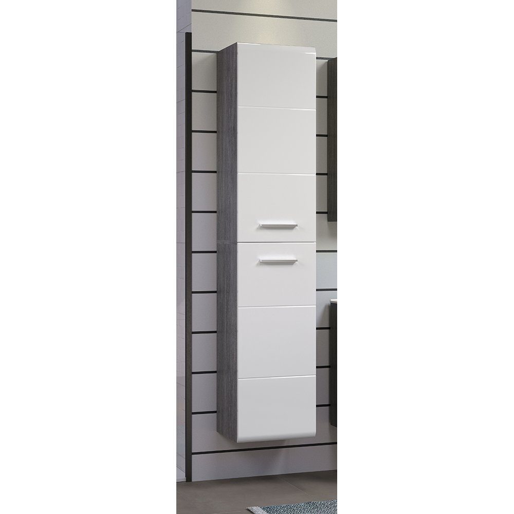Lomadox Hochschrank »RAVENNA-19« Badezimmer mit Wäschekorb in Rauchsilber  mit weiß Hochglanz, B/H/T: ca. 35/170/33 cm