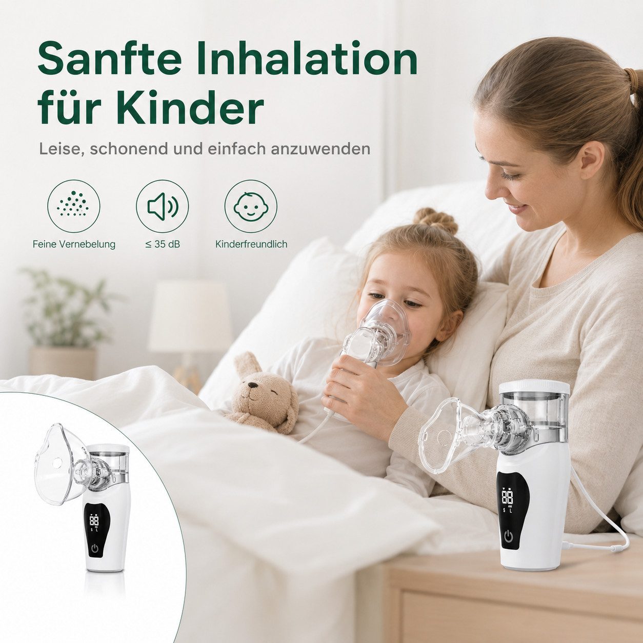 Tekoo Inhalator Tragbares Inhalationsgerät mit Mesh-Verneblung und Digitaldisplay, Inhalationsgerät-Set, Mesh-Vernebler, der Maske, Mundstück und USB-C-Ladekabel, Mesh-Verneblung, 2 Modi, Display, USB-C, 1200-mAh-Akku