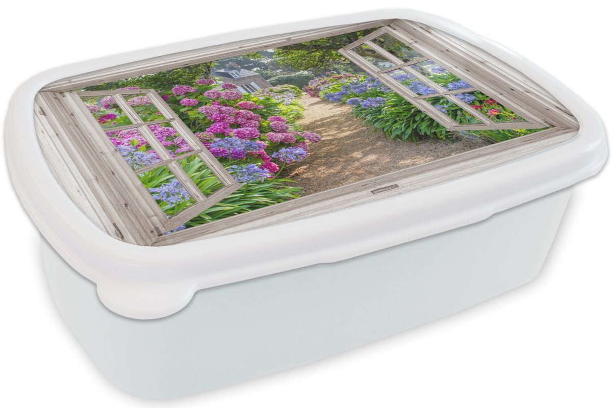 - Blumen und Weg, und Lila weiß - Kunststoff, Hortensie Mädchen Durchsichtig - Brotdose, für - - Lunchbox Sommer Kinder (2-tlg), MuchoWow Brotbox für Erwachsene, Jungs