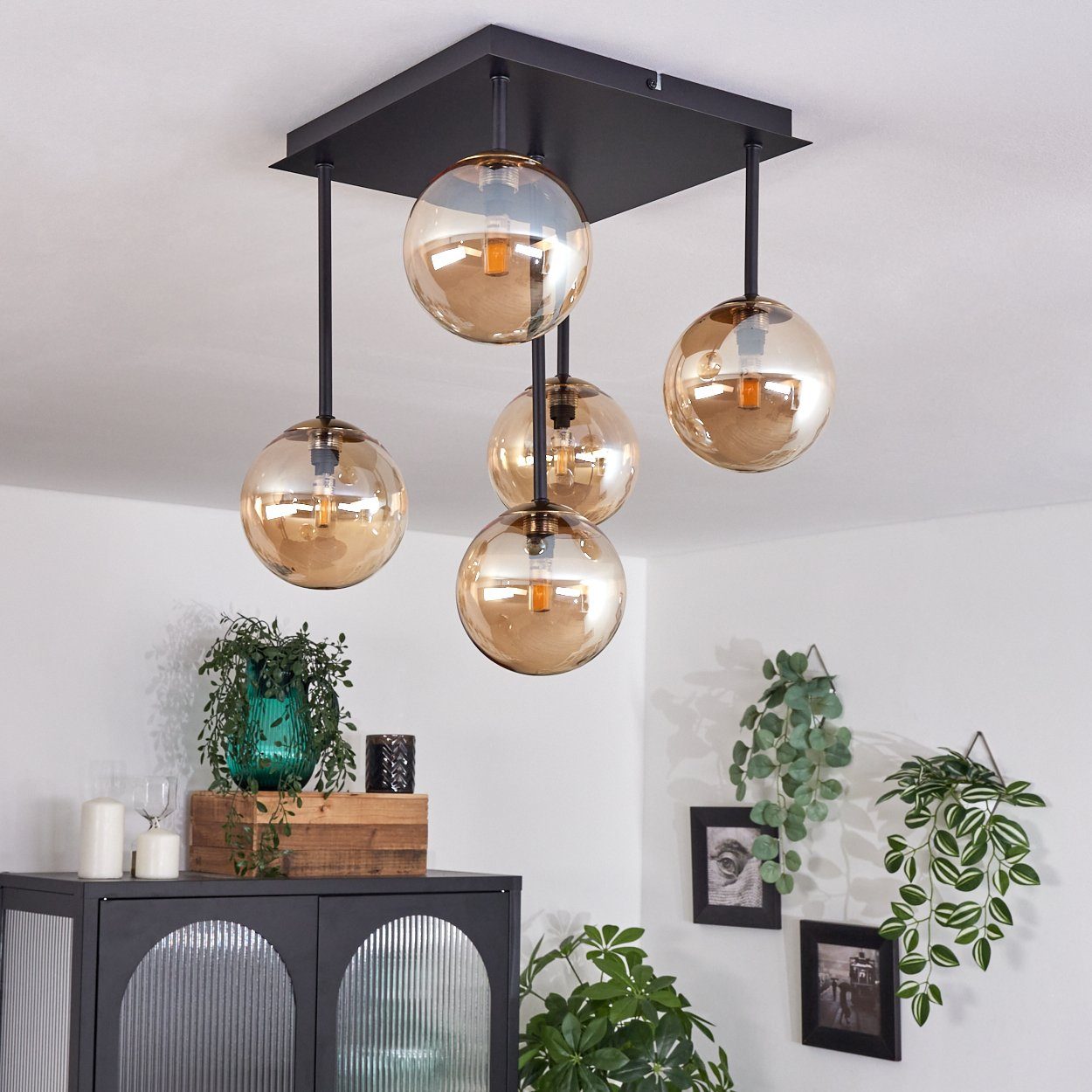 hofstein Deckenleuchte Deckenlampe aus Metall/Glas in Schwarz/Goldfarben/Bernsteinfarben, ohne Leuchtmittel, Leuchte im Retro-Design aus Glas, 5 x G9 LED, ohne  – Bild 2 von 5