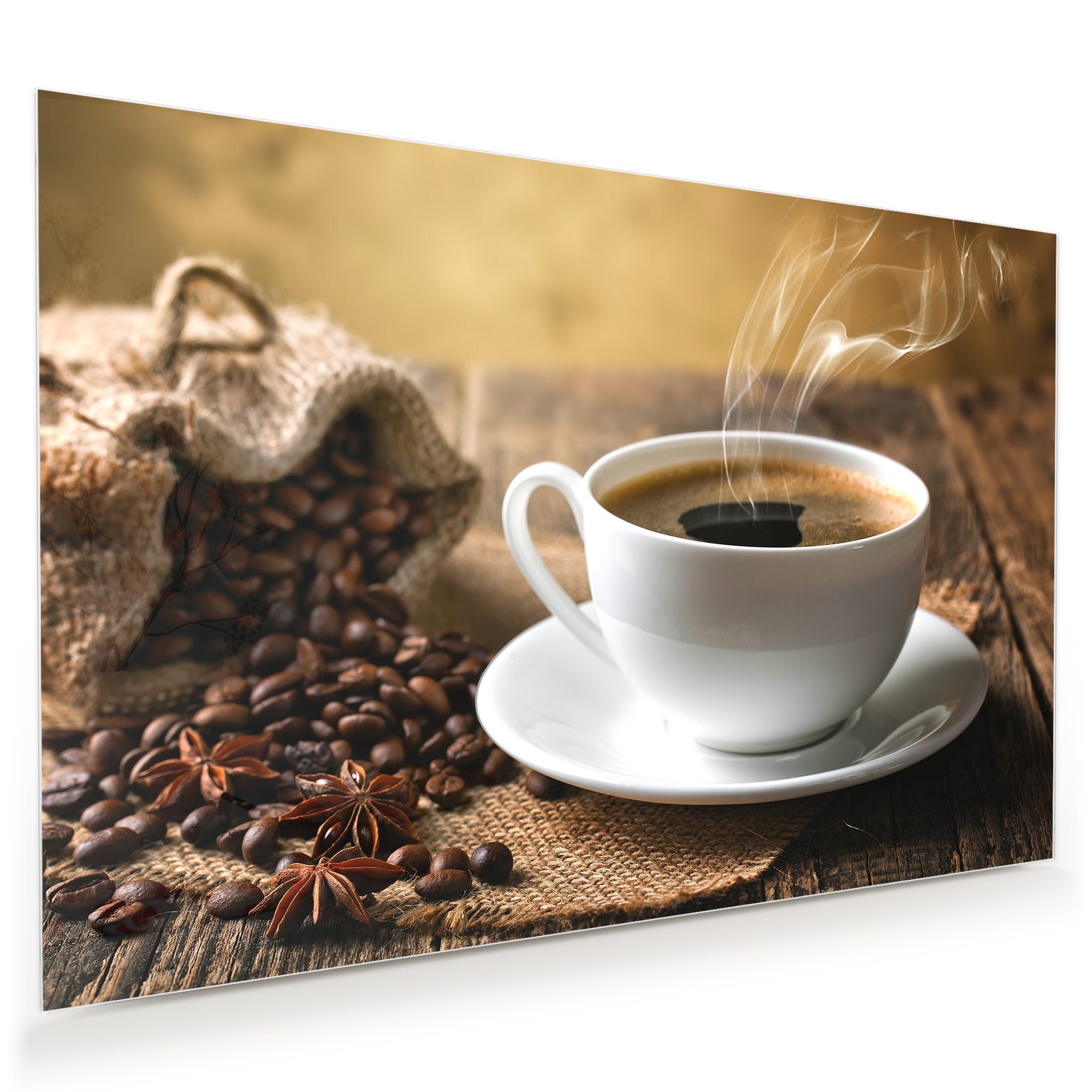 Glasbild Wandbild Heisser Kaffee auf Tisch mit Aufhängung
