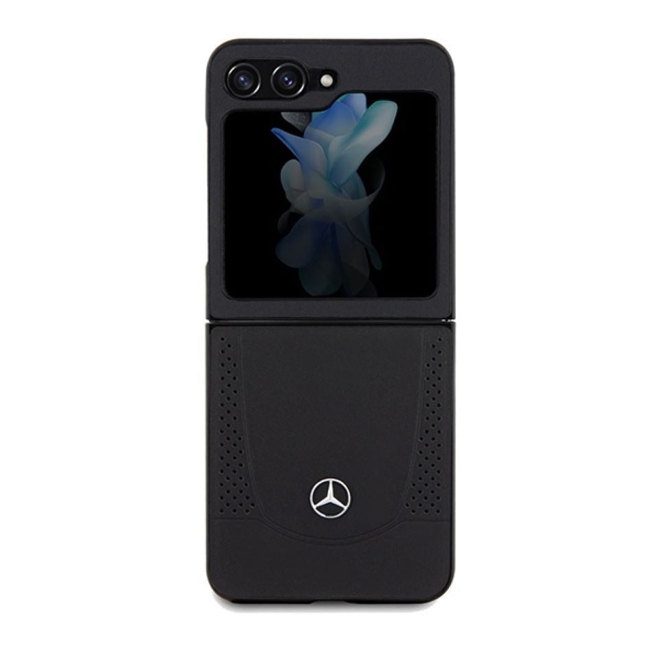 Mercedes Handyhülle Case für Galaxy Z Flip 5 Echtleder schwarz Stern Metall 6,7 Zoll, Kantenschutz