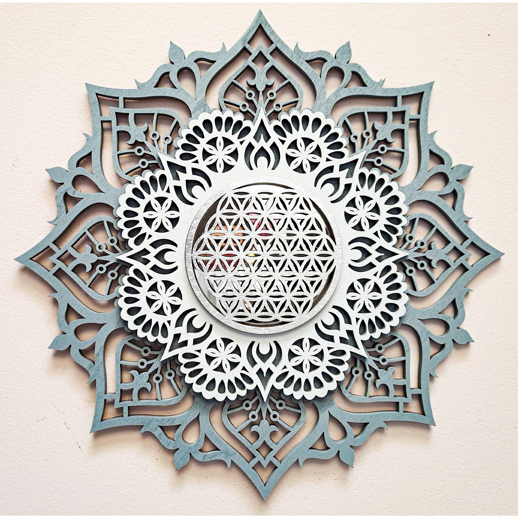Wanddekoobjekt 3D MANDALA, Grosse moderne Wanddeko, Holzbild, 3 Schichten, Spiegel