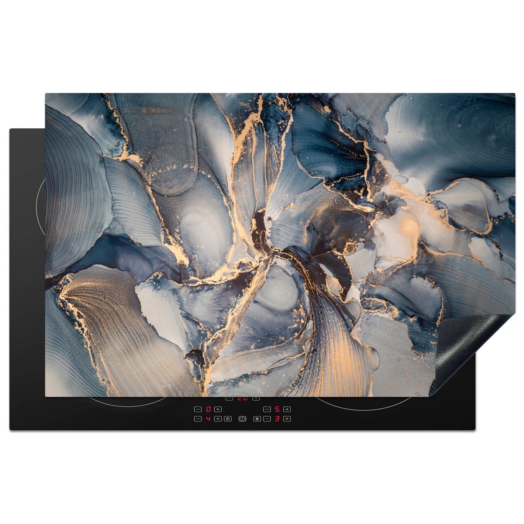 MuchoWow Herdblende-/Abdeckplatte Marmor - Grau - Blau - Luxus - Gold, Vinyl, (1 tlg), 81x52 cm, Induktionskochfeld Schutz für die küche, Ceranfeldabdeckung