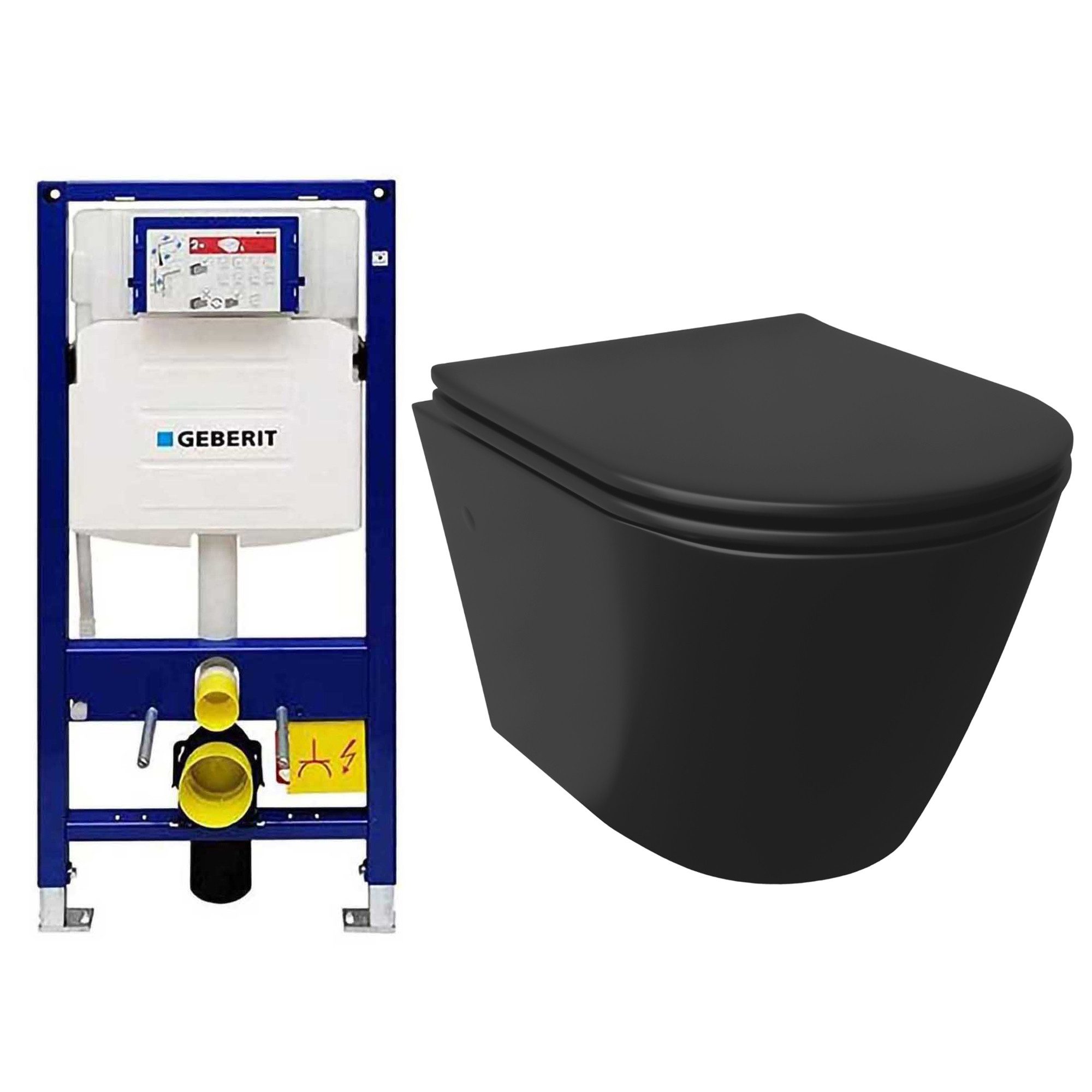 Alpenberger WC-Komplettset Spülrandloses WC – Toilette mit WC Deckel mit Absenkautomatik Schwarz, Wand Montage, (Hänge WC Komplettset Geberit Spülkasten WC Vorwandelement Set), Moderne Toilette Schwarz Matt
