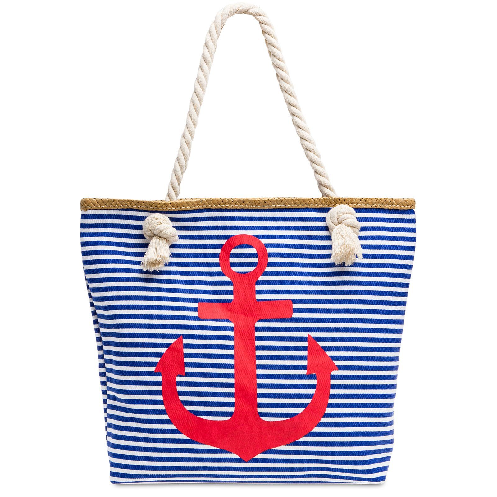 rot Muster maritimen und mit TS1040 Strandtasche Shopper / Streifen Caspar Damen ANKER - blau Strandtasche Reißverschluss