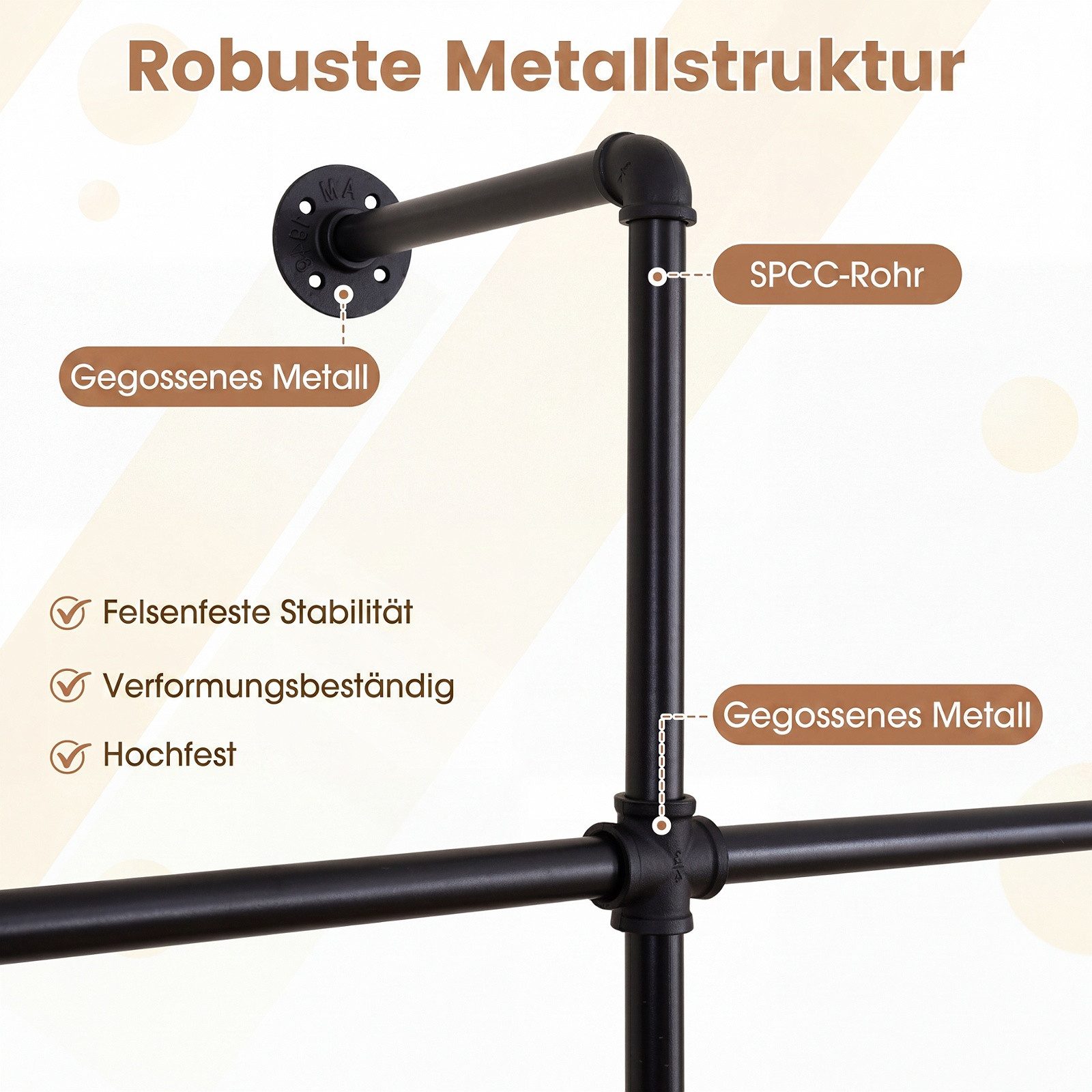 COSTWAY Kleiderständer Wandmontage Metall Garderobenstange mit 2 Stangen, 106x32x227cm