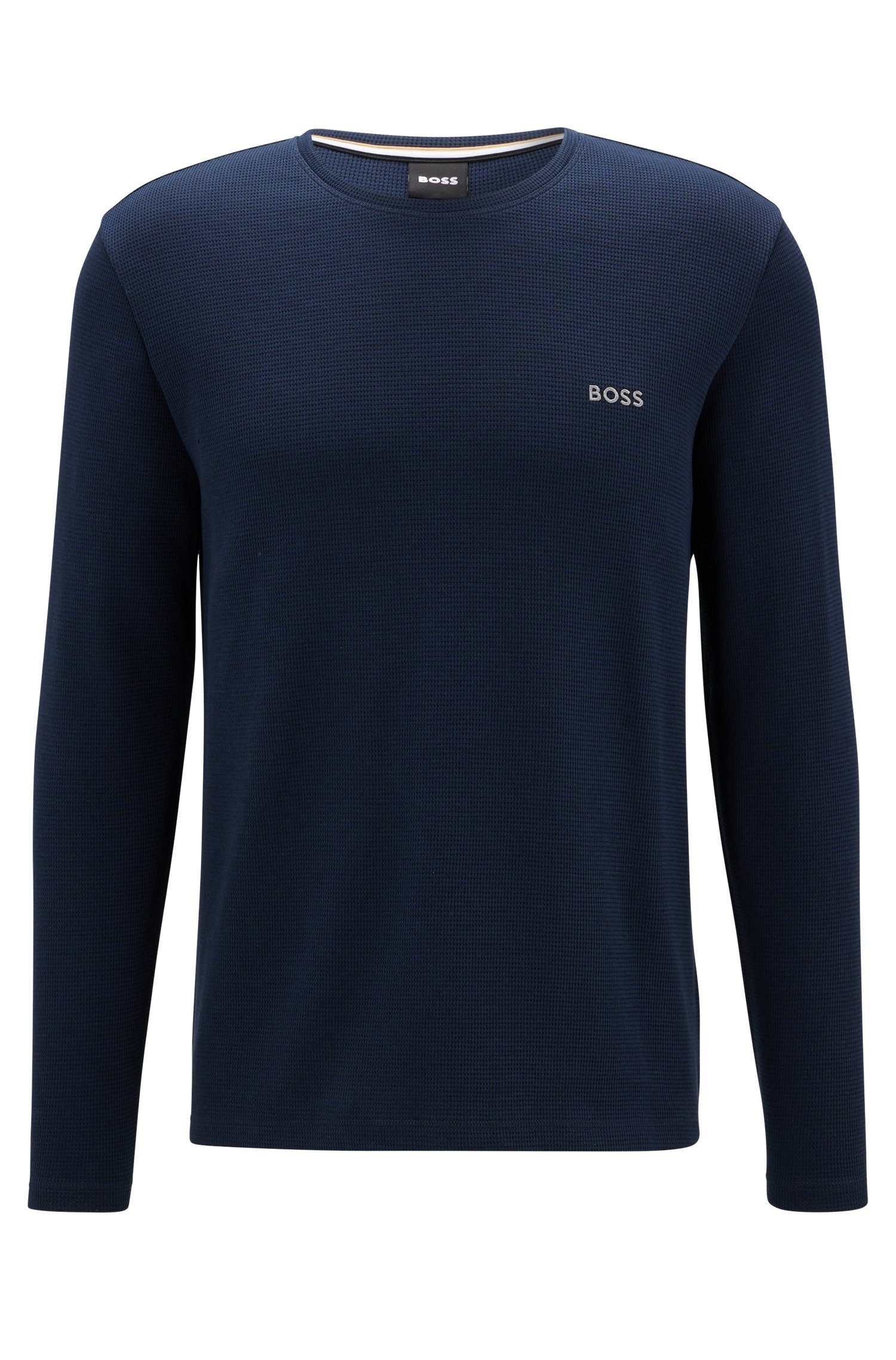 BOSS Stickerei mit BOSS der Dark-Blue Waffle LS-Shirt auf Brust Langarmshirt