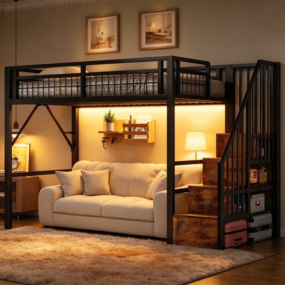 REDOM Hochbett Jugendbett mit Eisenrahmen, LED-Lichtleiste (Stauraumtreppe und freiem Raum zum Verkleiden, Metallbett, 90 x 200 cm) ohne Matratze